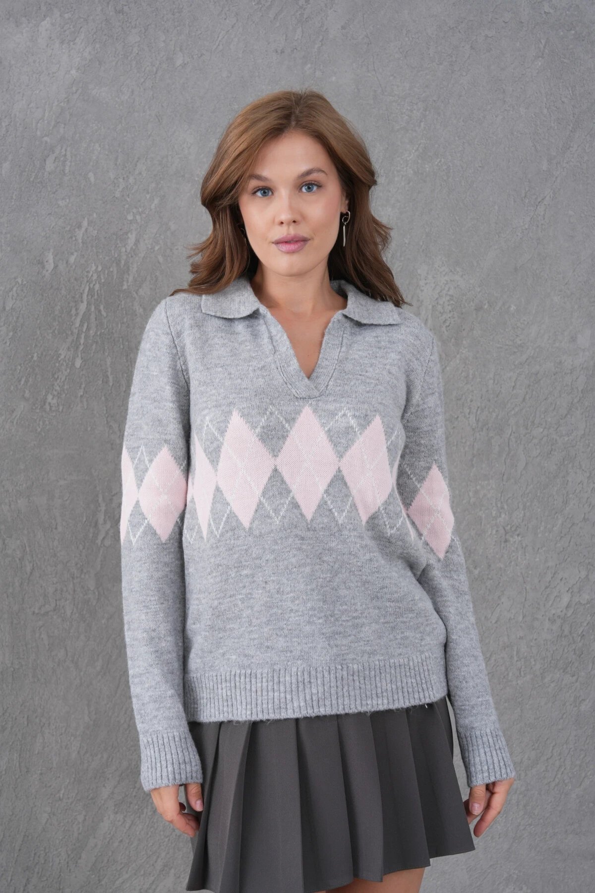 Kadın Polo Yaka Desenli Yarım Pat Triko Kazak