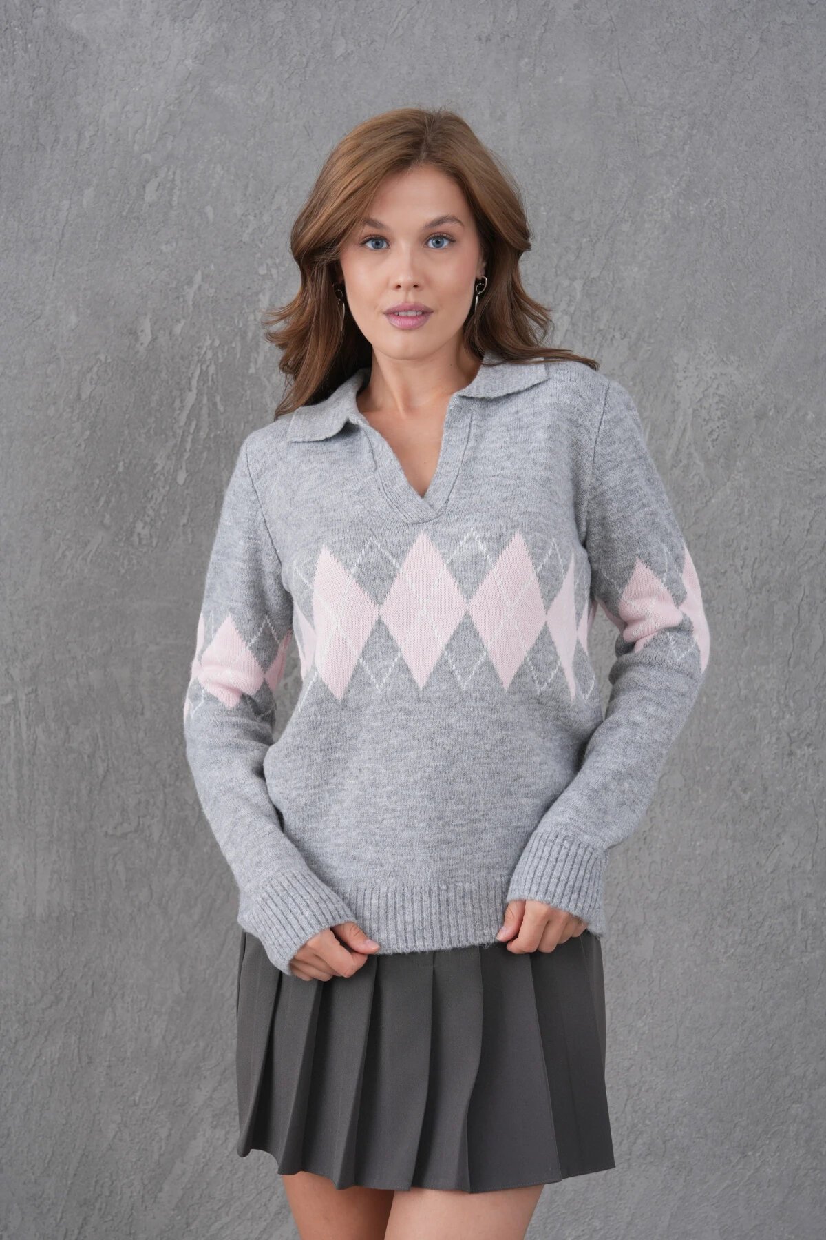 Kadın Polo Yaka Desenli Yarım Pat Triko Kazak