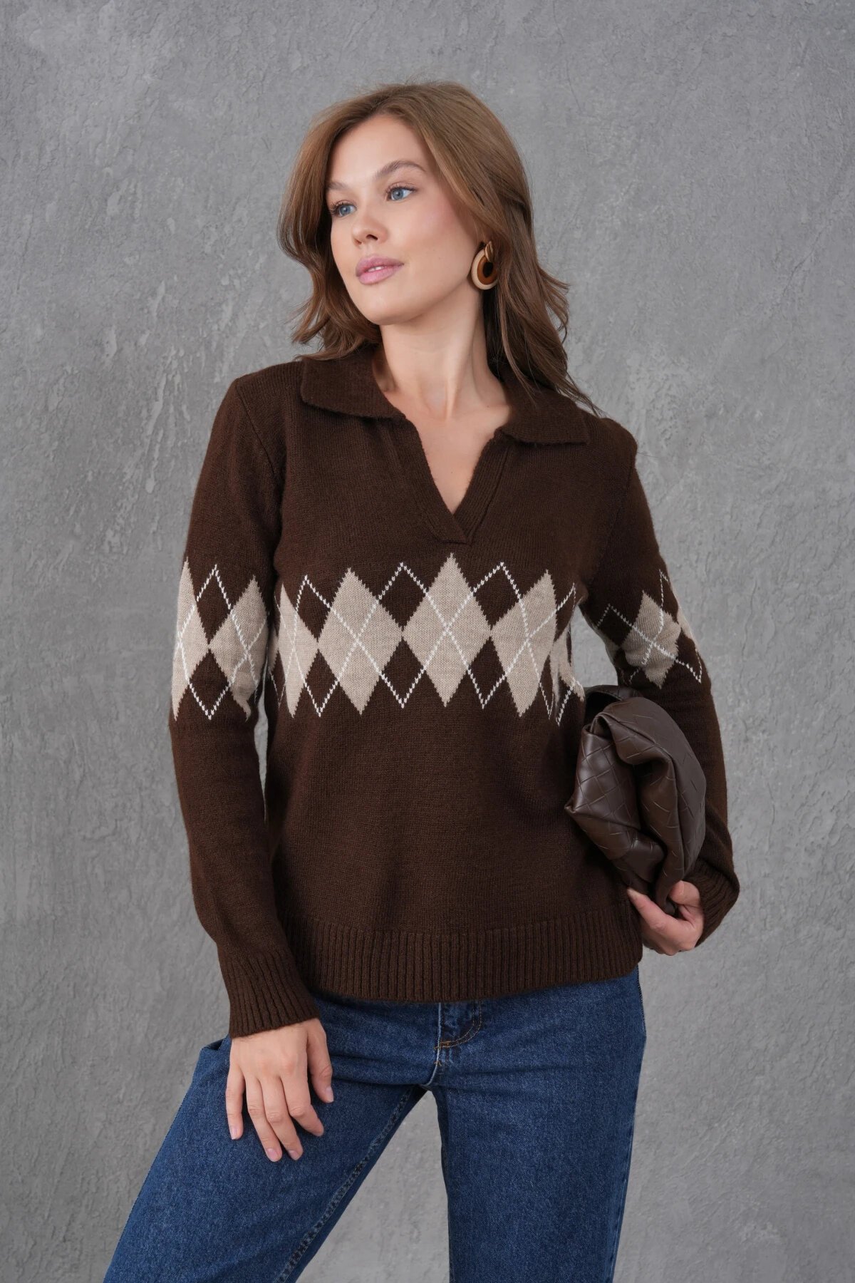 Kadın Polo Yaka Desenli Yarım Pat Triko Kazak