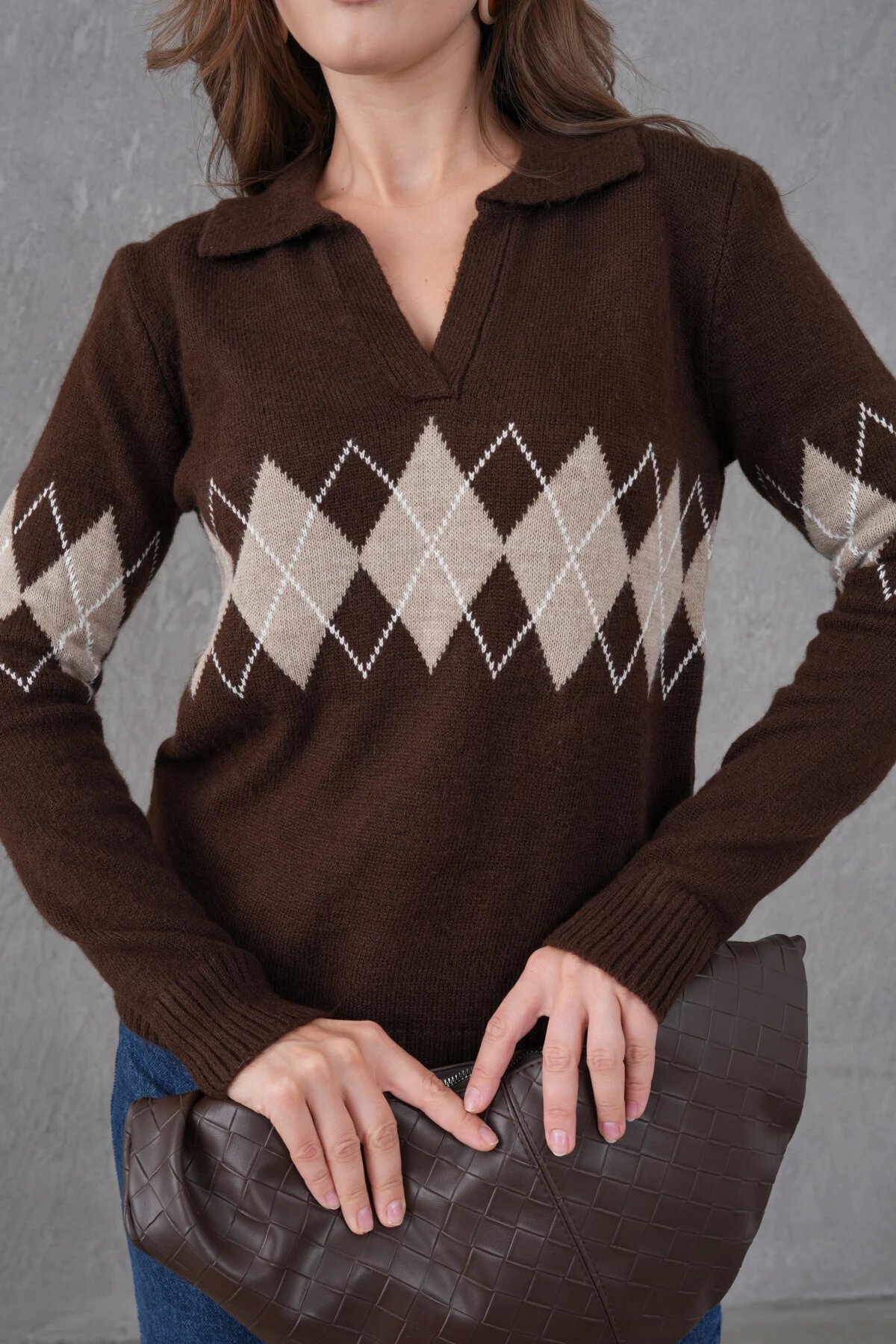 Kadın Polo Yaka Desenli Yarım Pat Triko Kazak