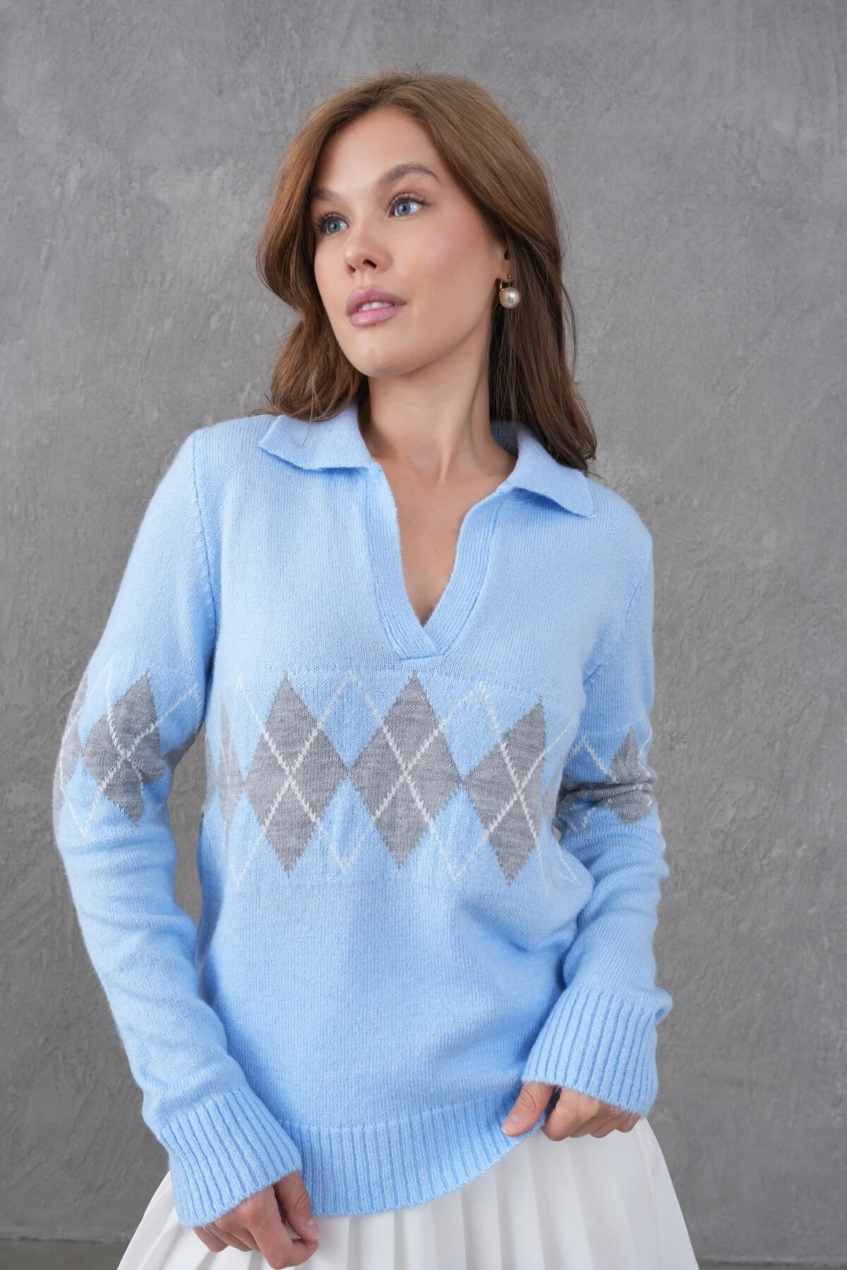 Kadın Polo Yaka Desenli Yarım Pat Triko Kazak