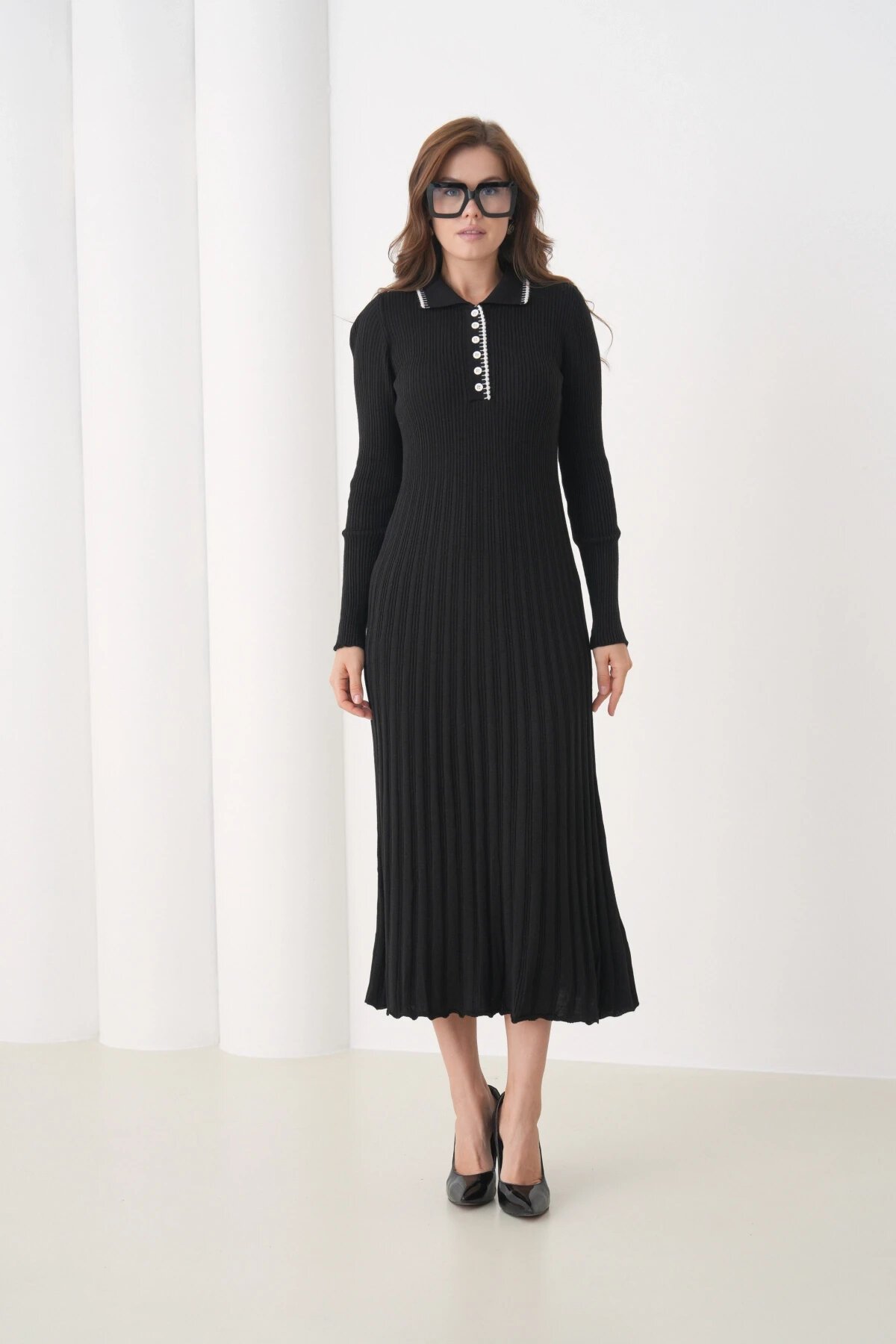 Kadın Polo Yaka Düğme Detay Kaşkorse Uzun Triko Elbise