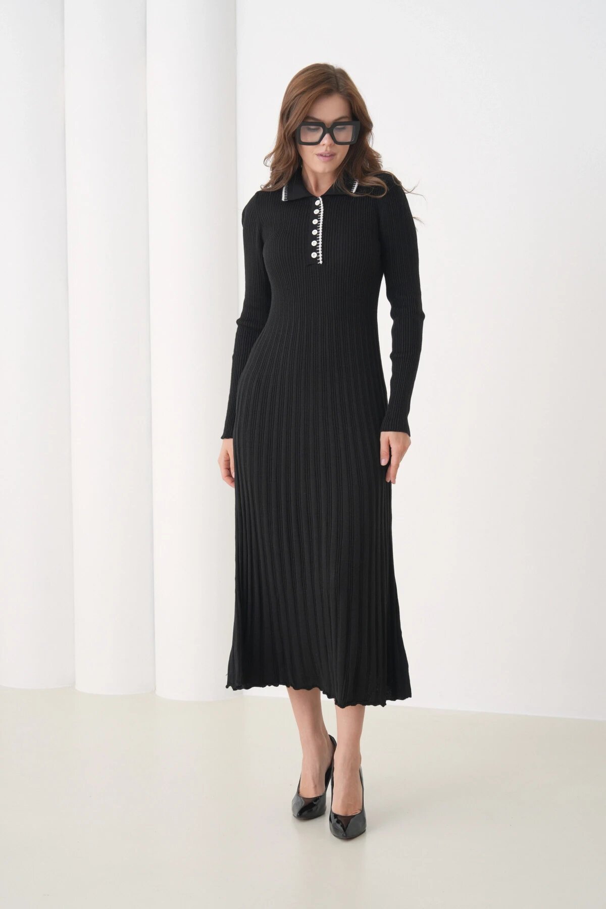 Kadın Polo Yaka Düğme Detay Kaşkorse Uzun Triko Elbise