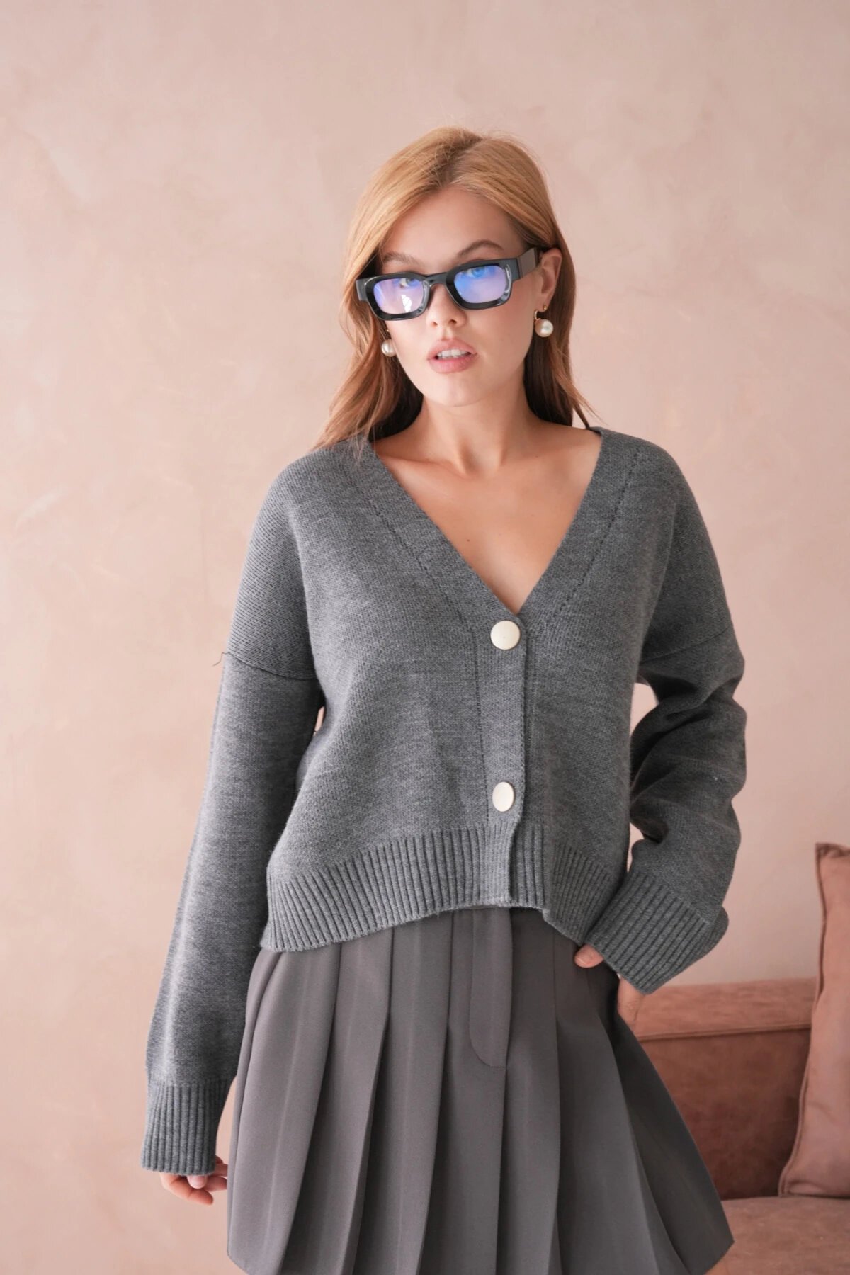 Kadın Polo Yaka Düğme Detay Oversize Triko Hırka