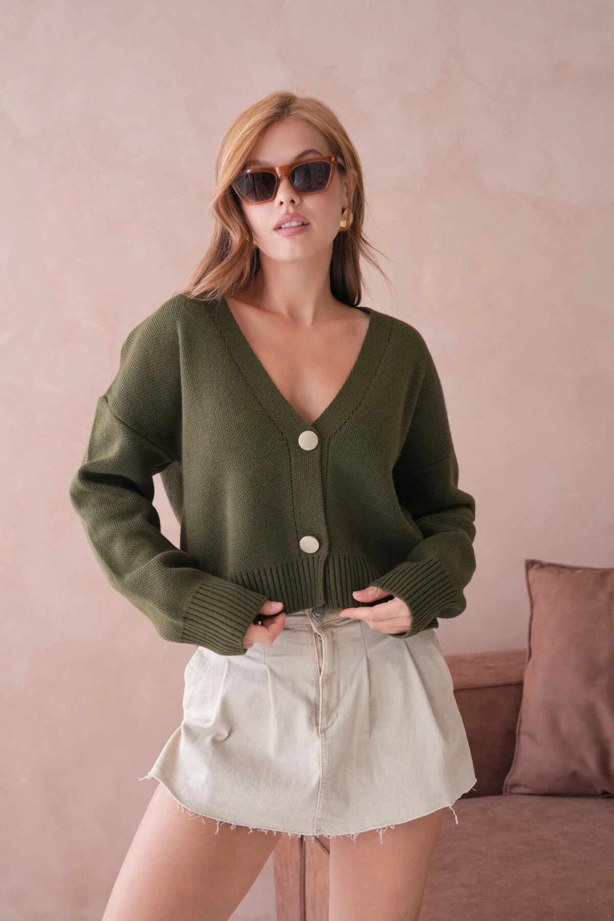 Kadın Polo Yaka Düğme Detay Oversize Triko Hırka