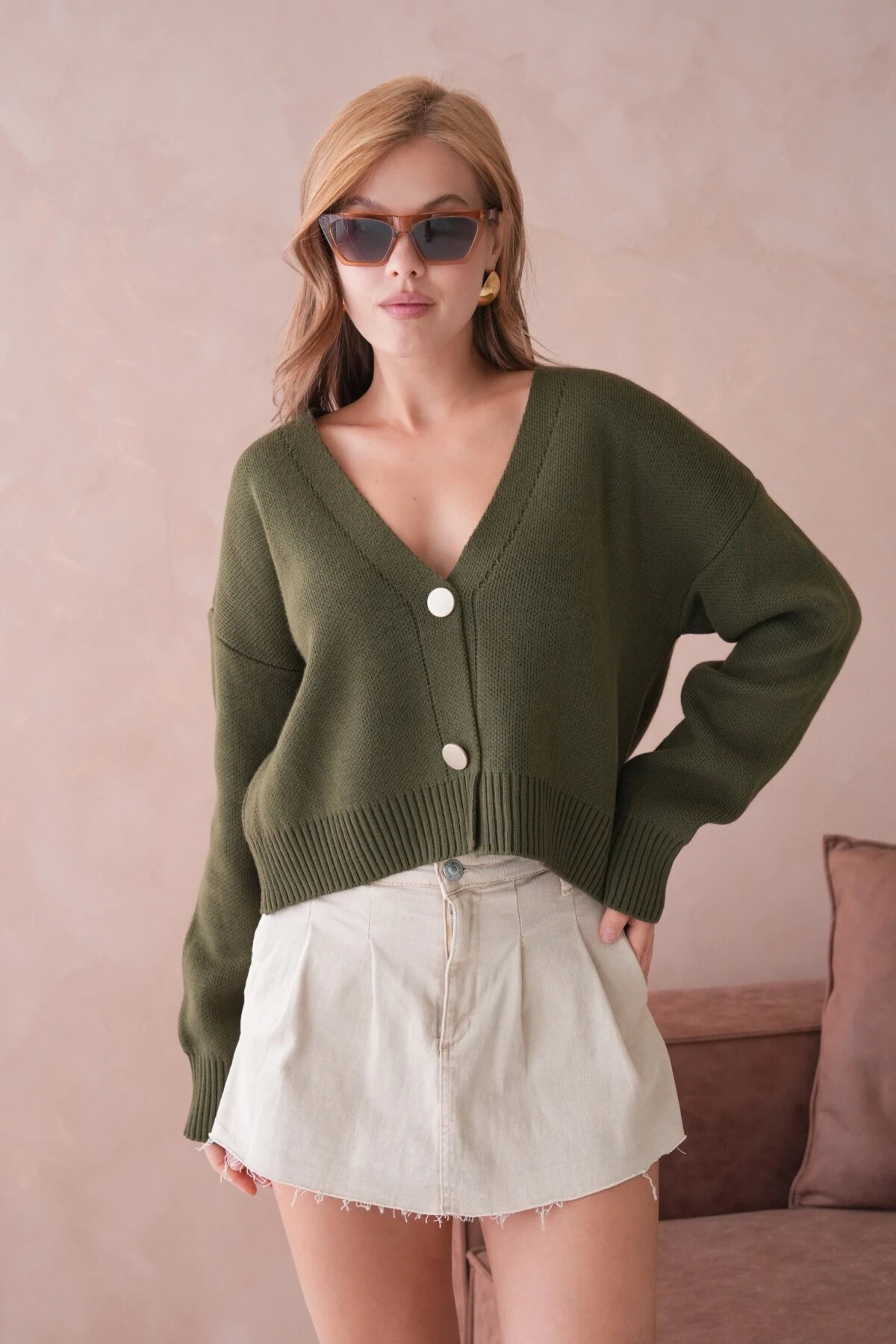 Kadın Polo Yaka Düğme Detay Oversize Triko Hırka