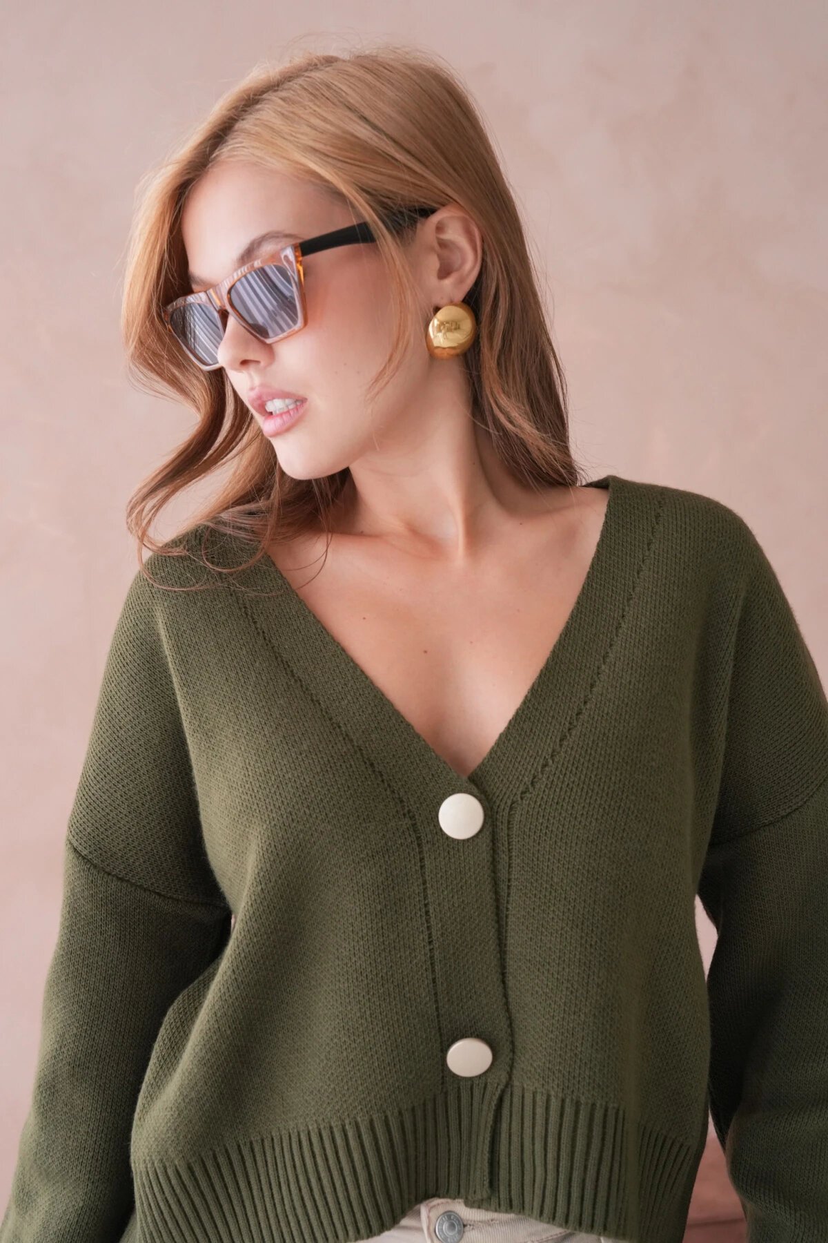 Kadın Polo Yaka Düğme Detay Oversize Triko Hırka