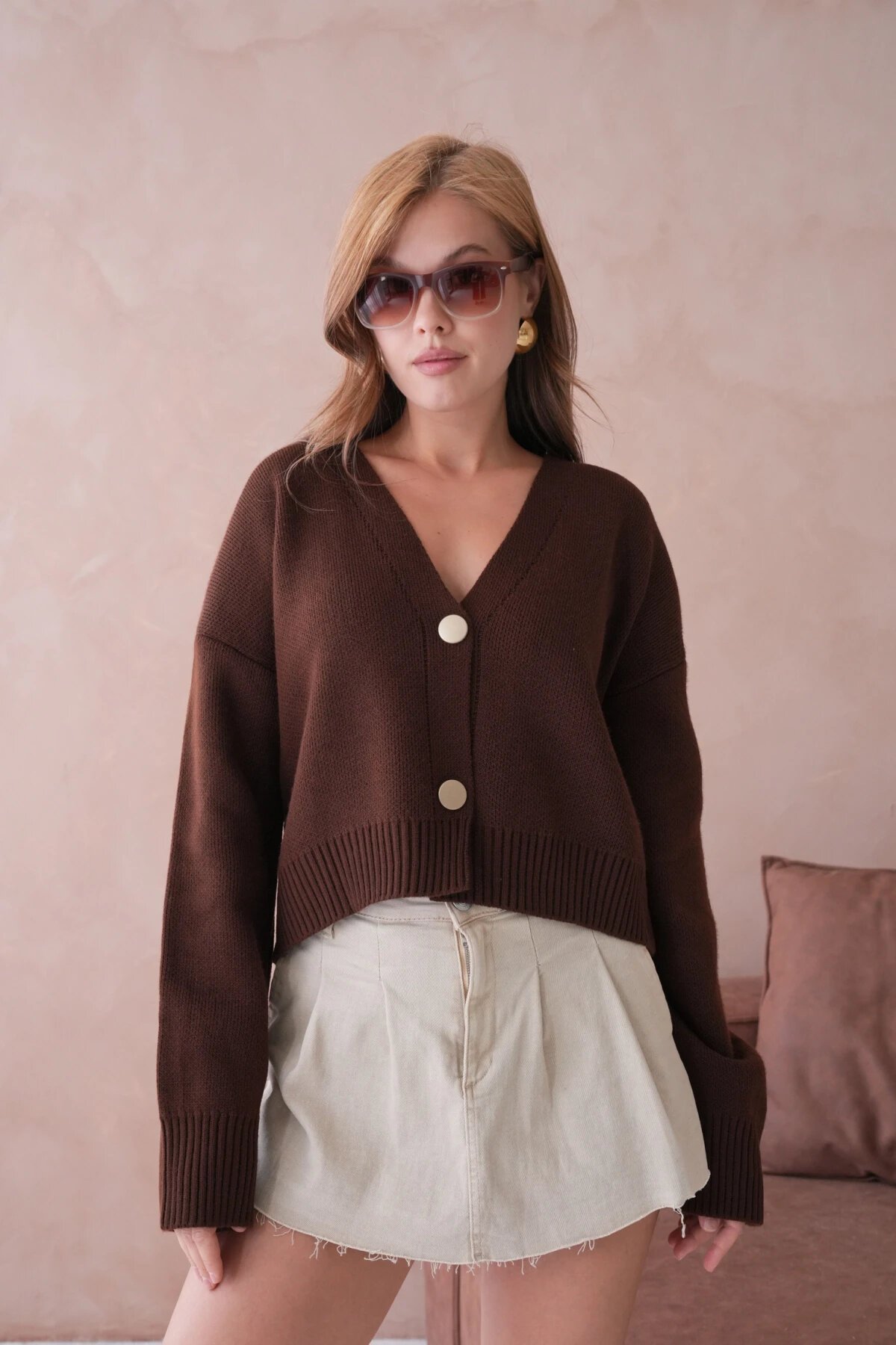 Kadın Polo Yaka Düğme Detay Oversize Triko Hırka