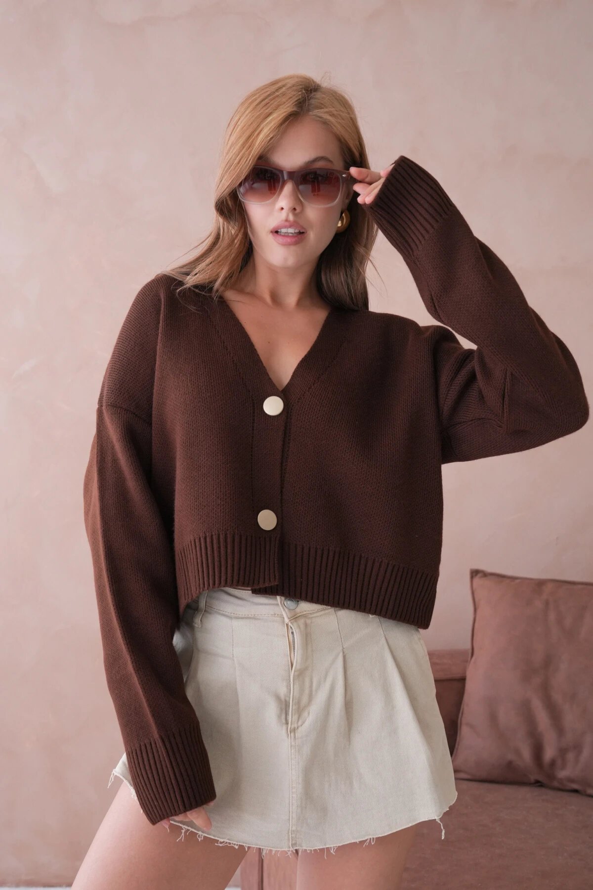 Kadın Polo Yaka Düğme Detay Oversize Triko Hırka