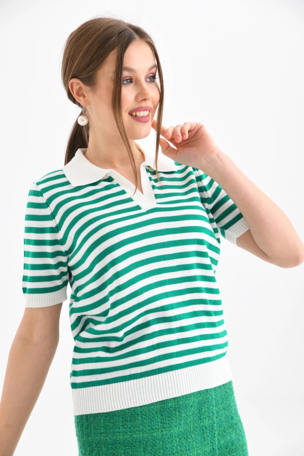 Kadın Polo Yaka Kısa Kol Çizgili Triko Kazak