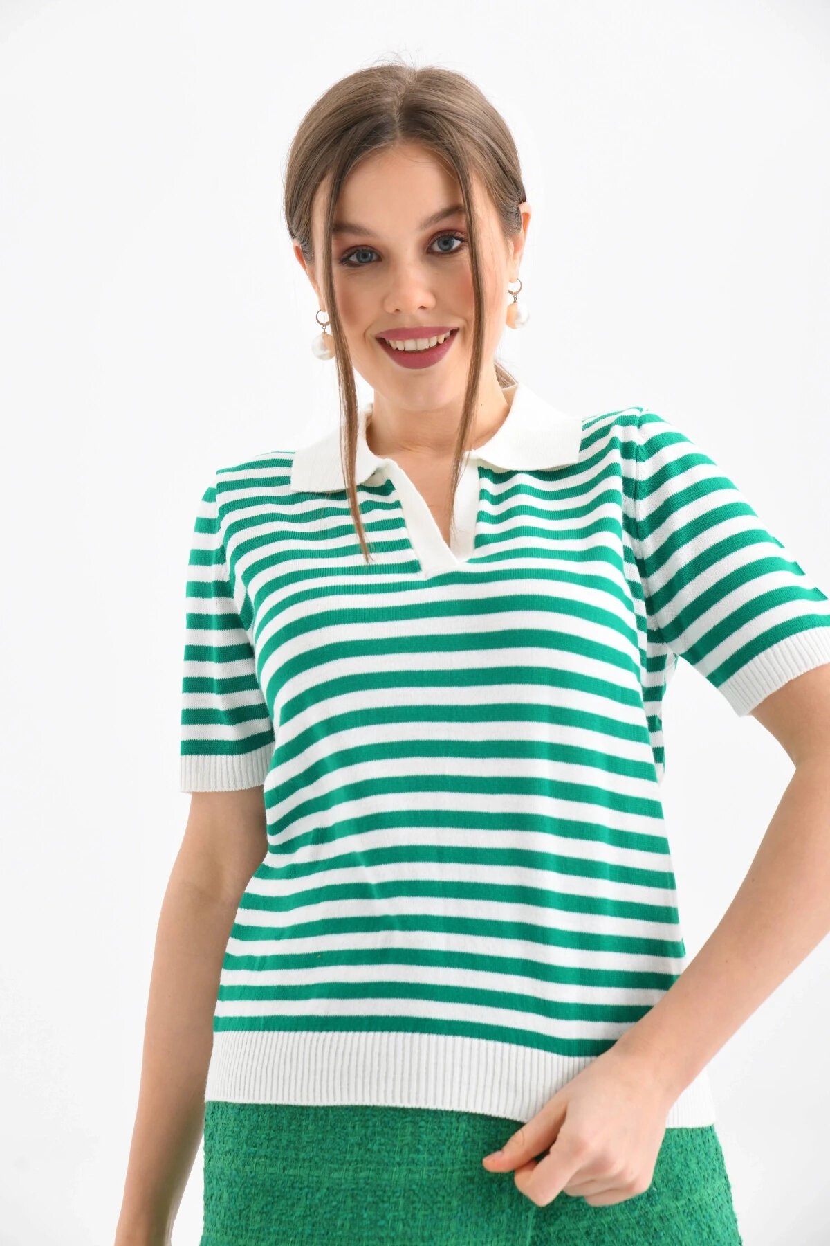Kadın Polo Yaka Kısa Kol Çizgili Triko Kazak