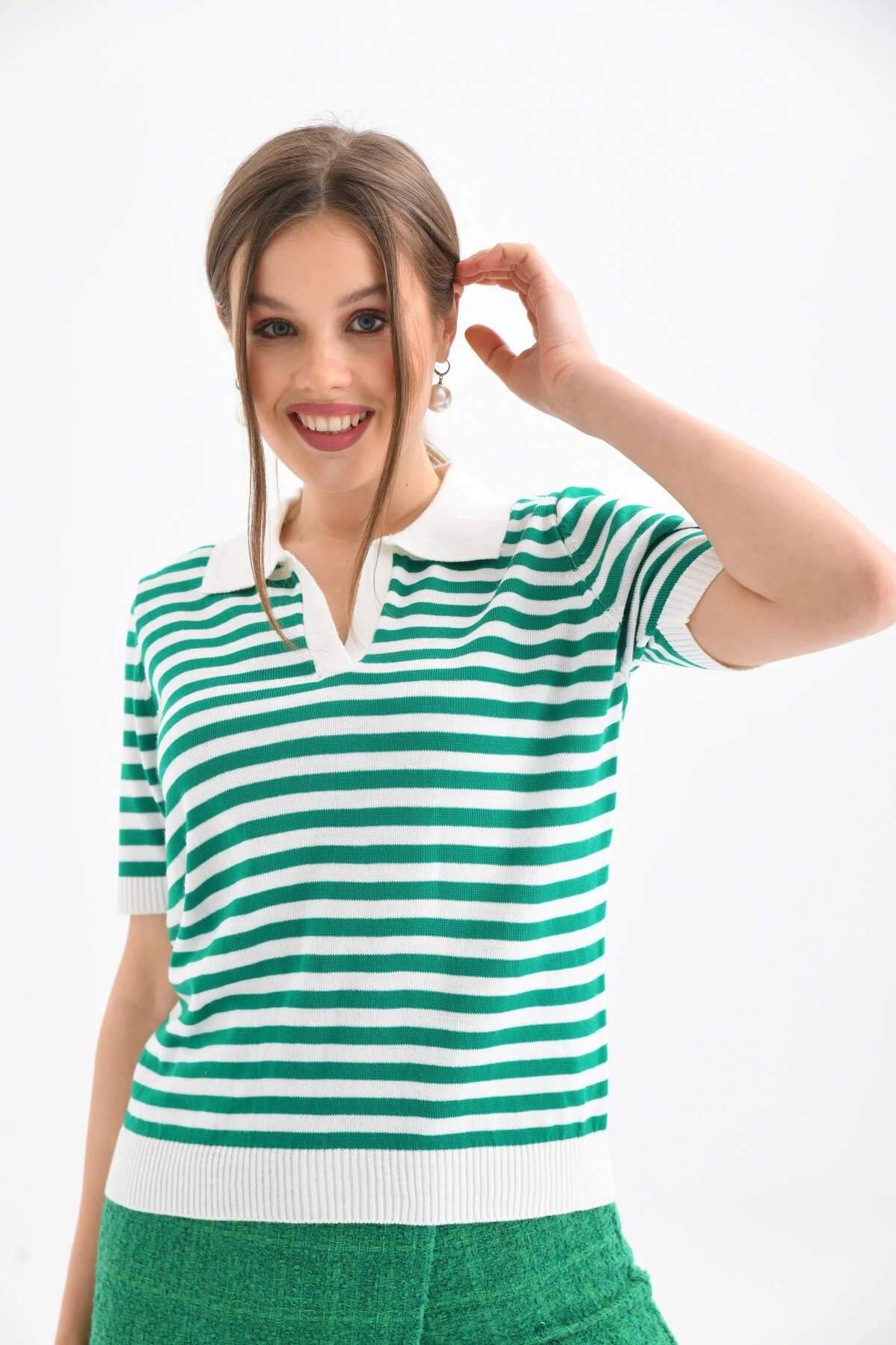 Kadın Polo Yaka Kısa Kol Çizgili Triko Kazak