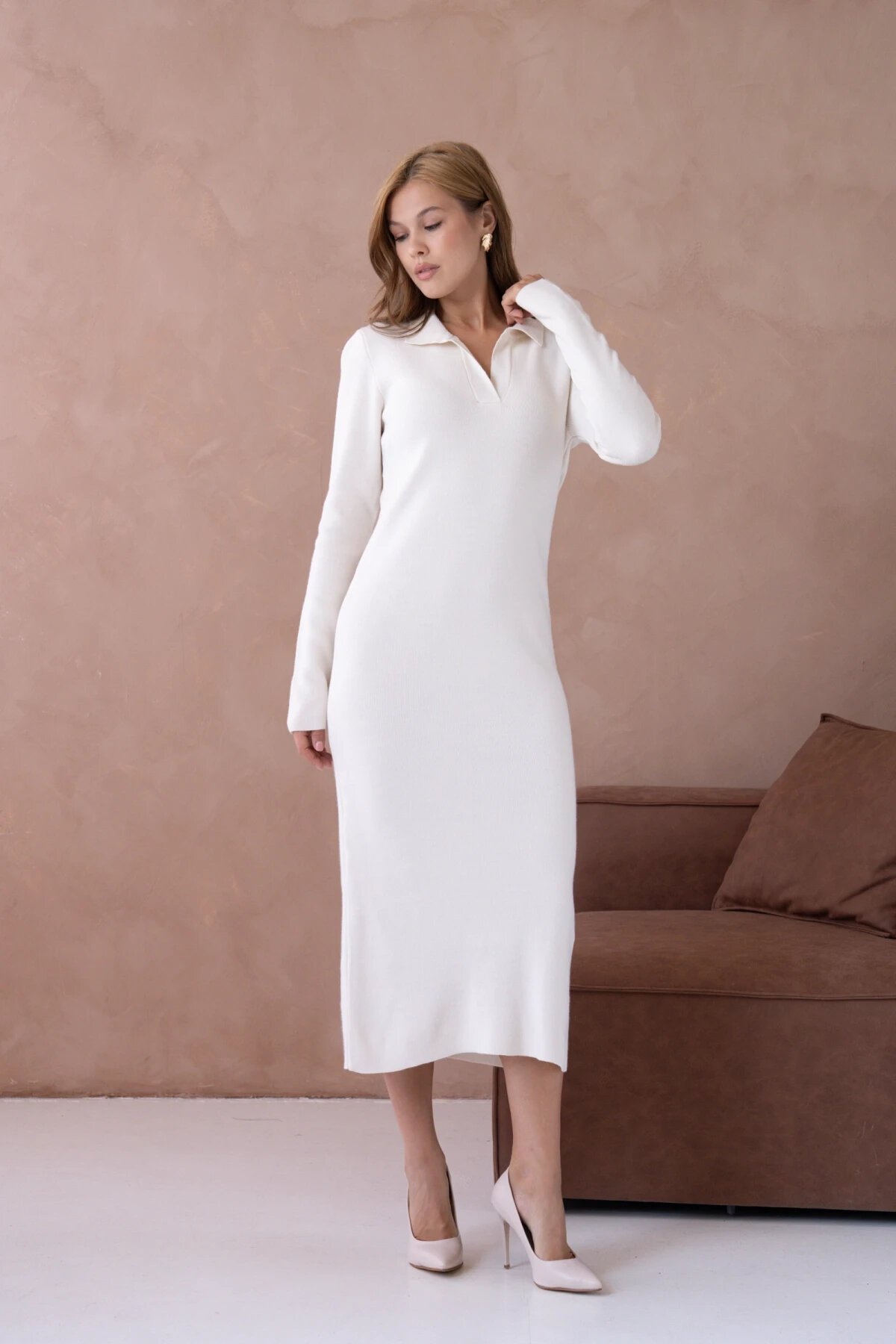 Kadın Polo Yaka Yamuşak Dokulu Maksi Boy Triko Elbise