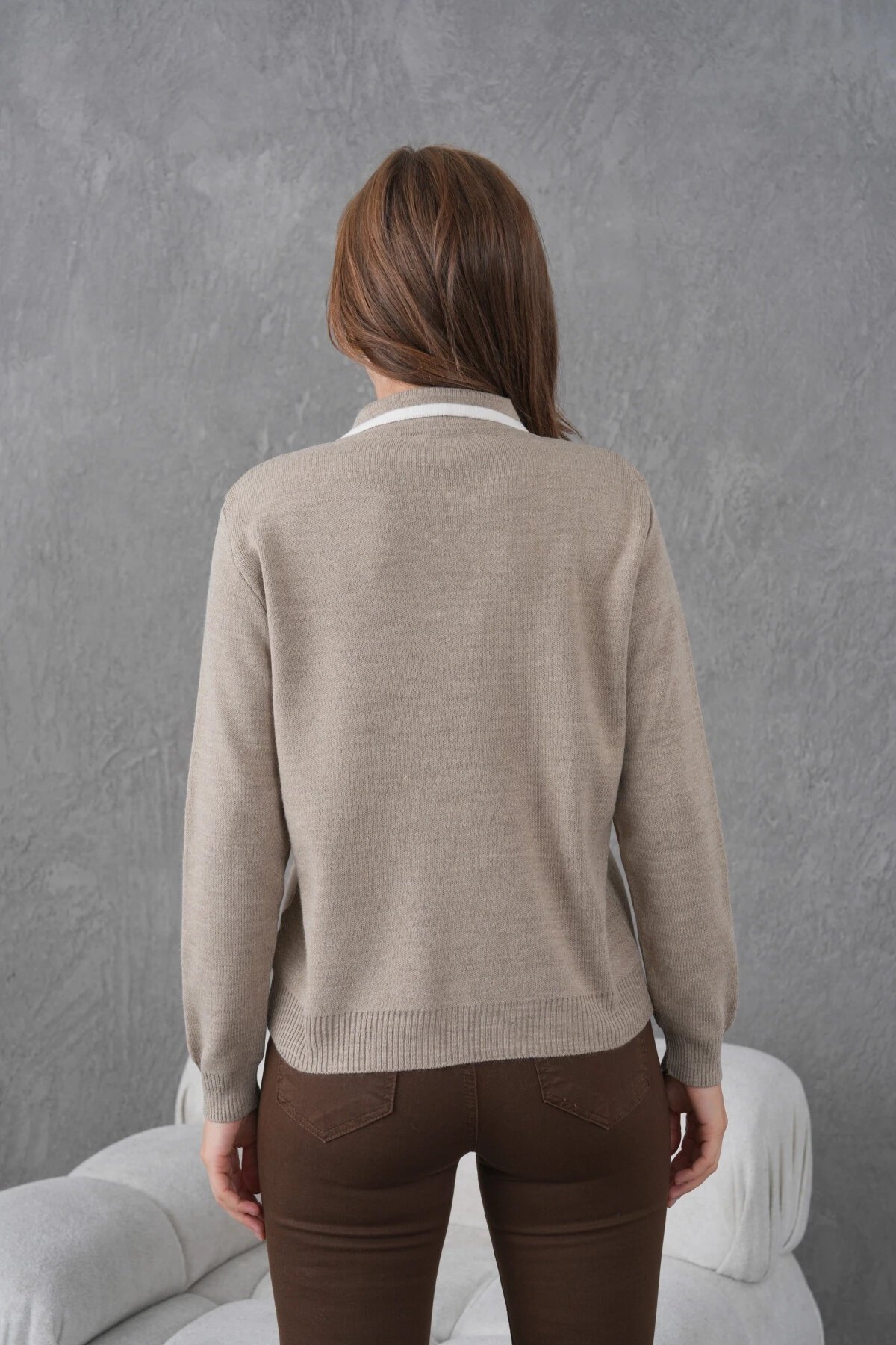 Kadın Polo Yaka Yarım Pat Fermuar Kapama Basic Triko Kazak