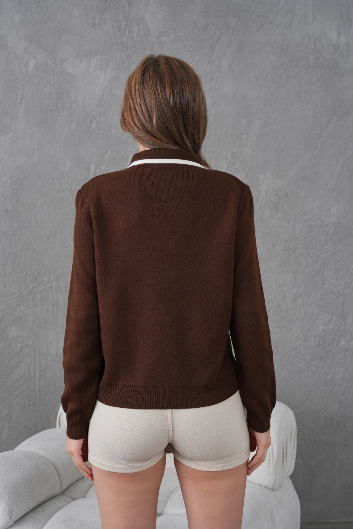 Kadın Polo Yaka Yarım Pat Fermuar Kapama Basic Triko Kazak