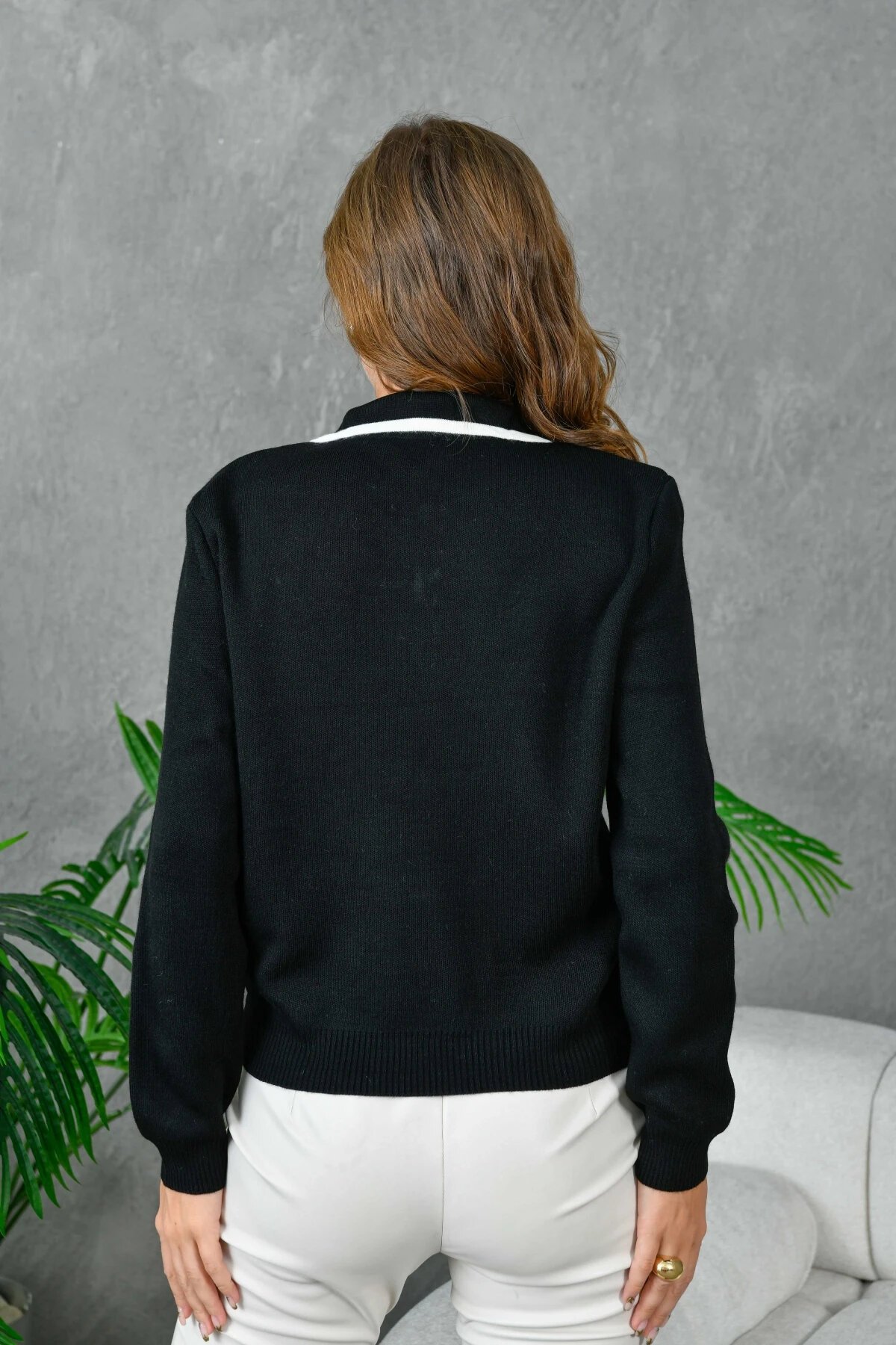 Kadın Polo Yaka Yarım Pat Fermuar Kapama Basic Triko Kazak