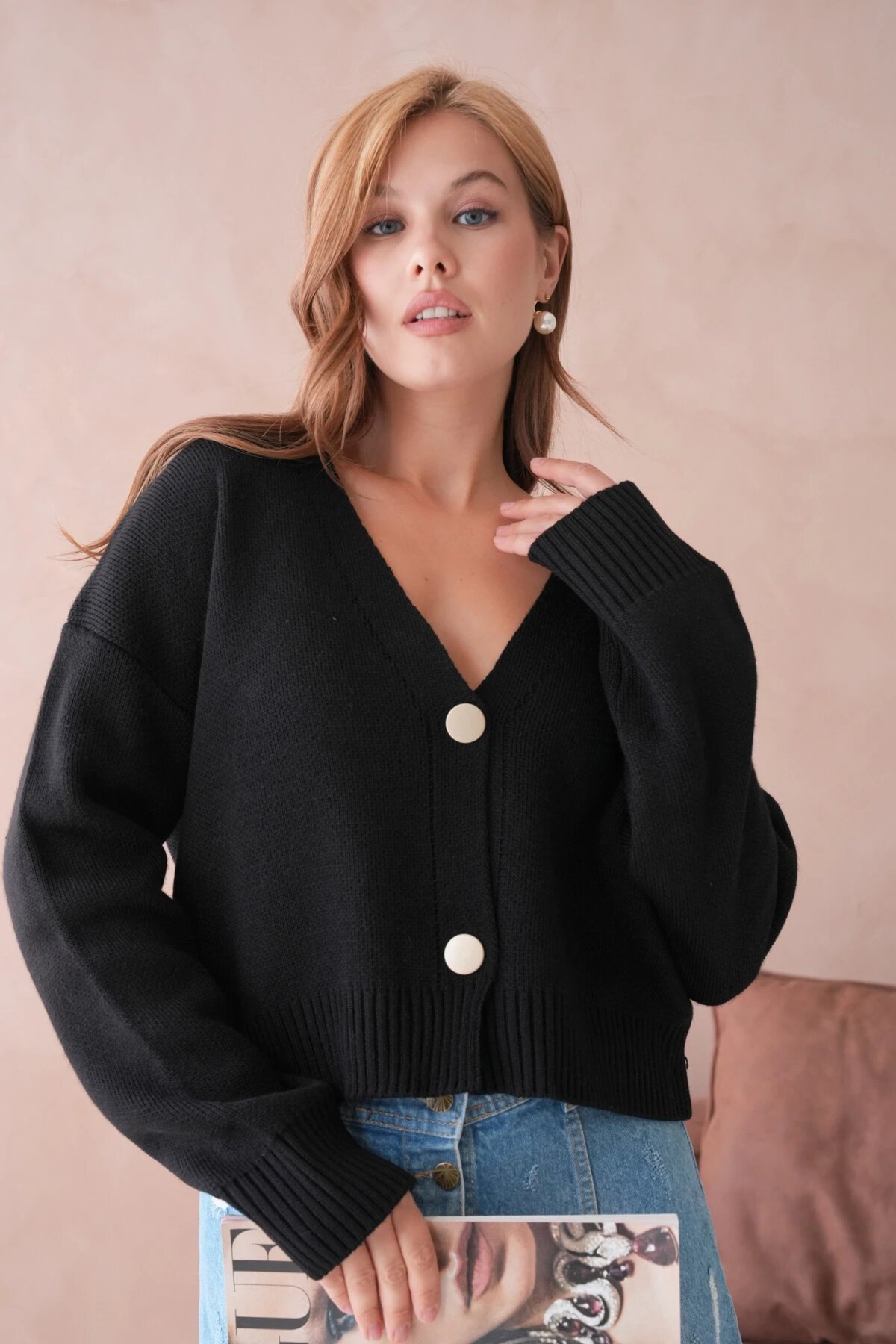 Kadın Polo Yakk Düğme Detay Oversize Triko Hırka