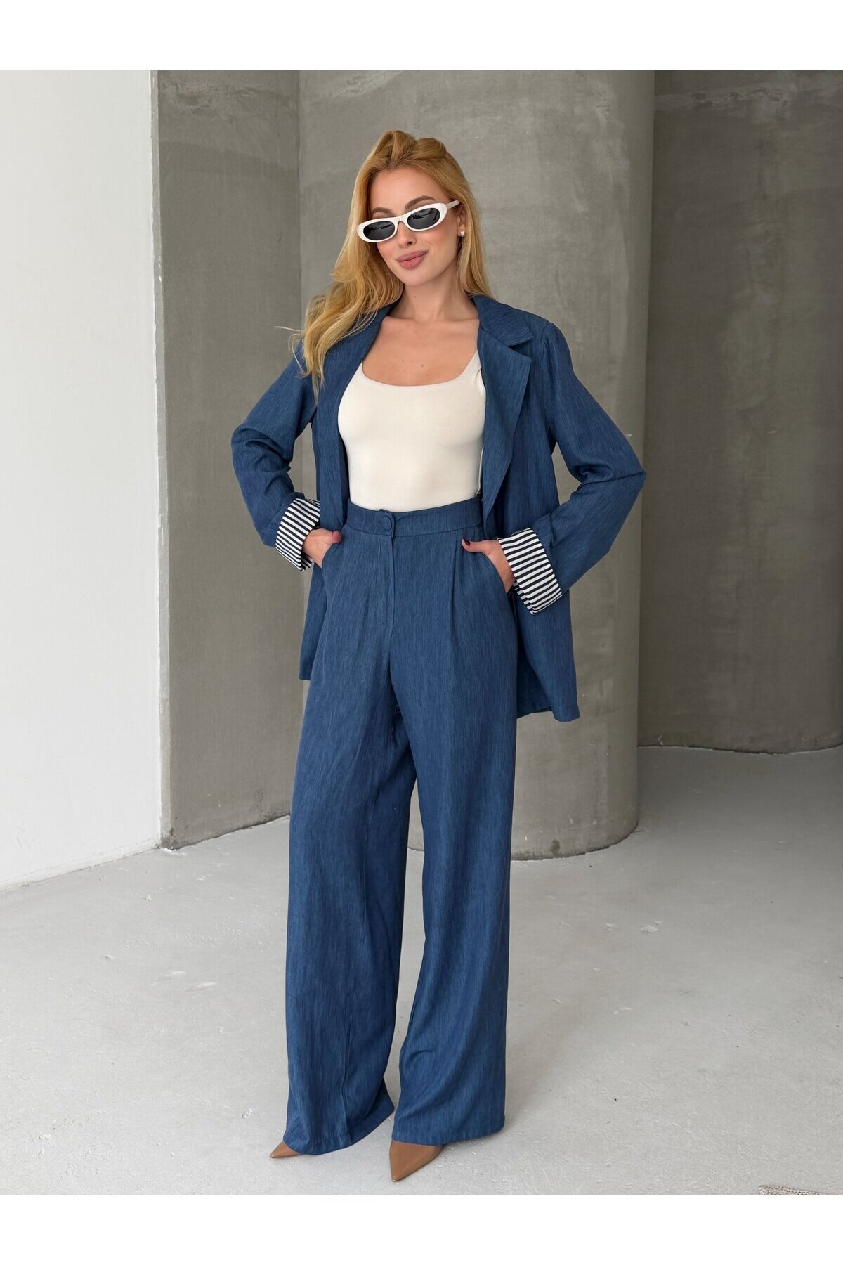 Kadın Tensel Kumaş Blazer Ceket Pantolon Takım – Mavi