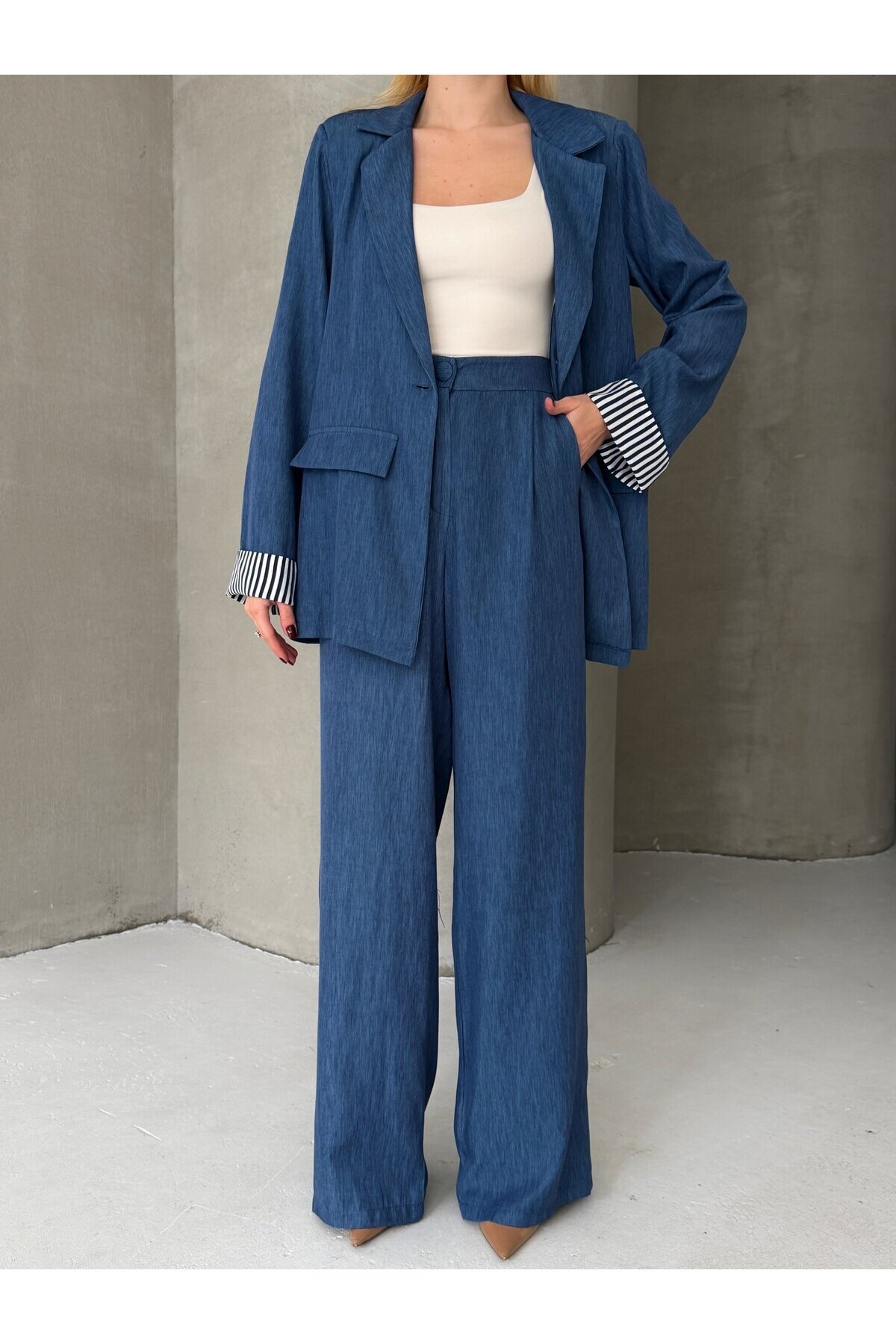 Kadın Tensel Kumaş Blazer Ceket Pantolon Takım – Mavi