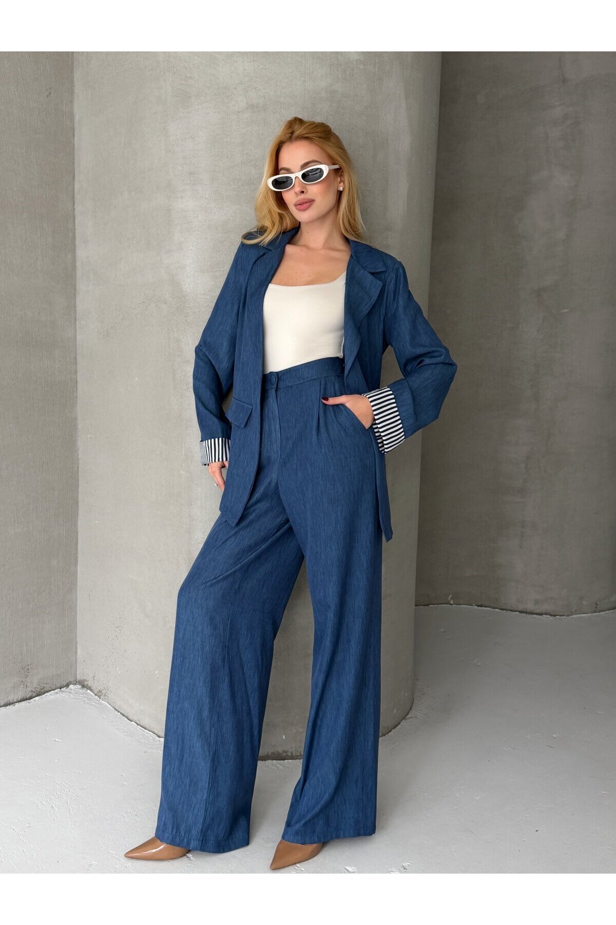 Kadın Tensel Kumaş Blazer Ceket Pantolon Takım – Mavi