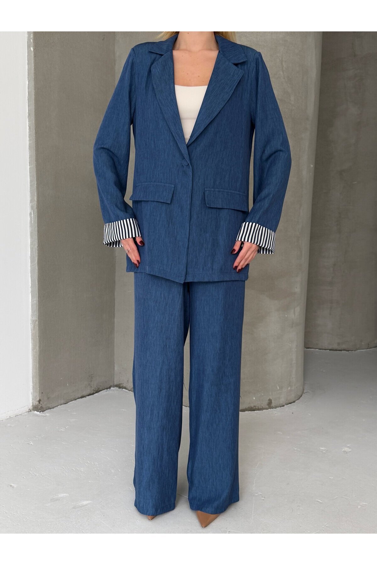 Kadın Tensel Kumaş Blazer Ceket Pantolon Takım – Mavi