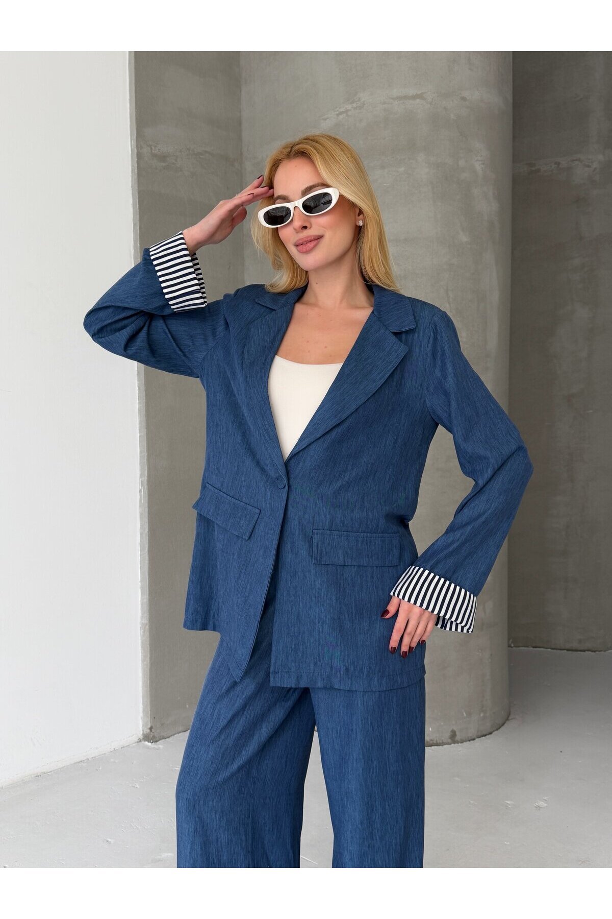 Kadın Tensel Kumaş Blazer Ceket Pantolon Takım – Mavi