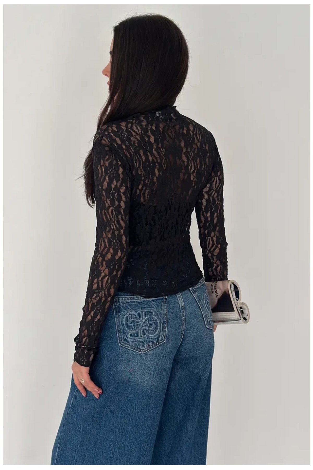 Kadın Transparan Çiçek Desenli Dantel Bluz