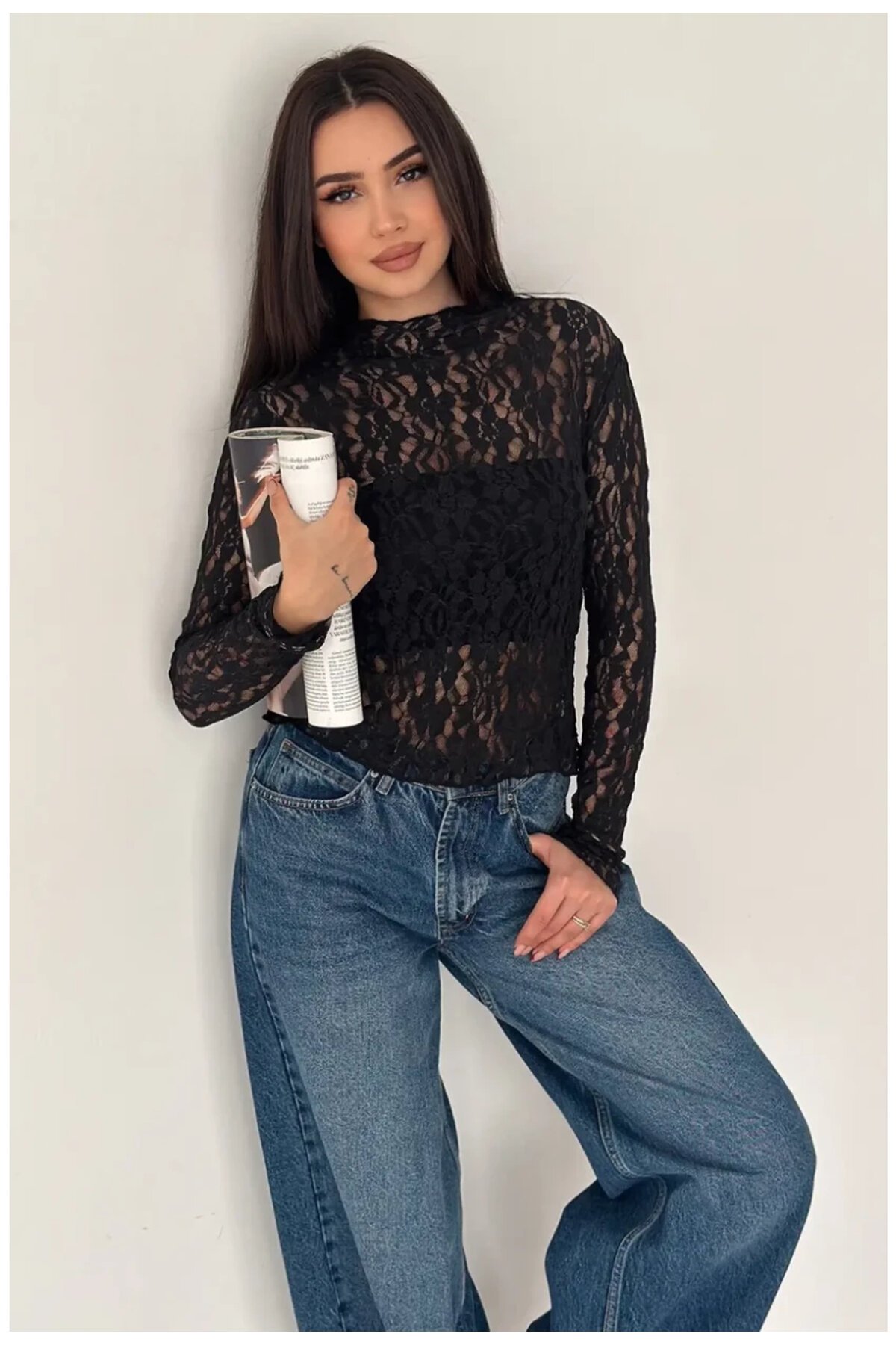 Kadın Transparan Çiçek Desenli Dantel Bluz