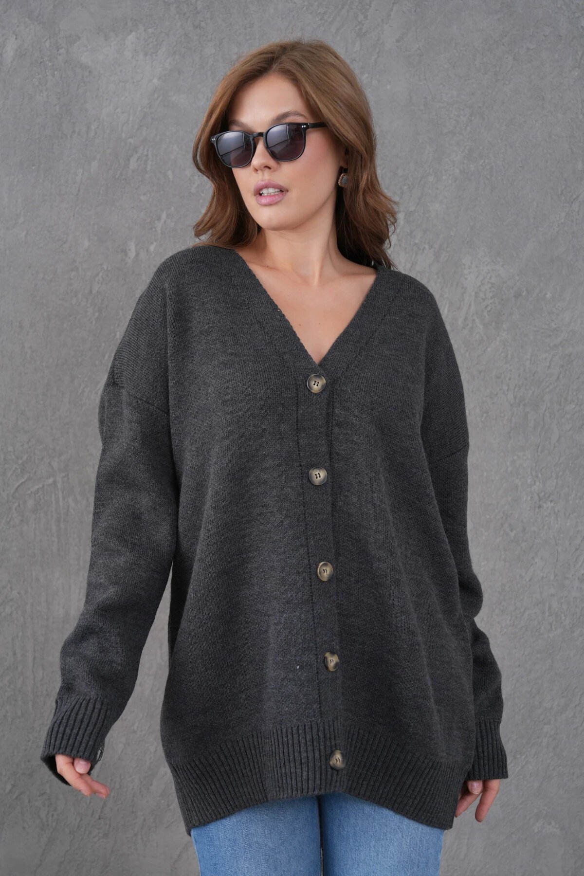 Kadın V Yaka Düğme Kapama Oversize Uzun Triko Hırka