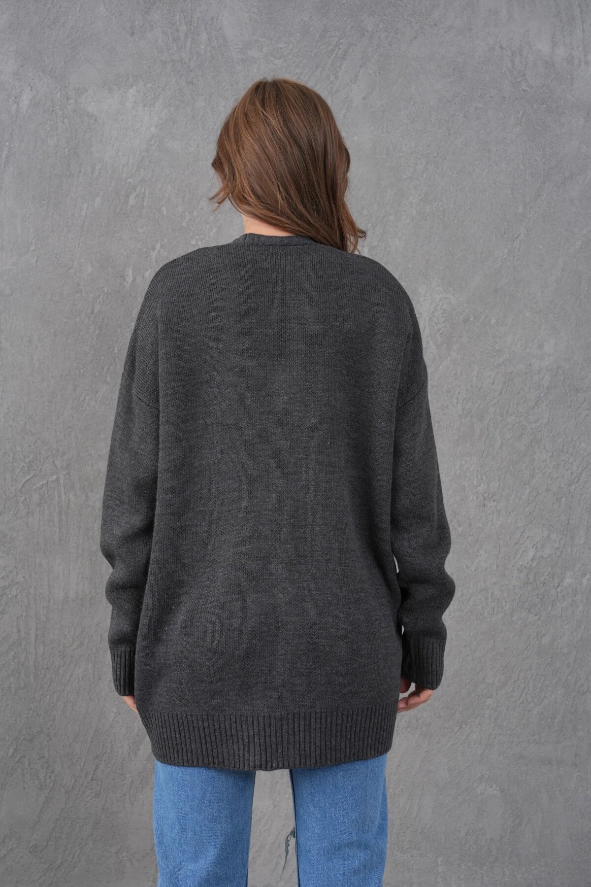 Kadın V Yaka Düğme Kapama Oversize Uzun Triko Hırka