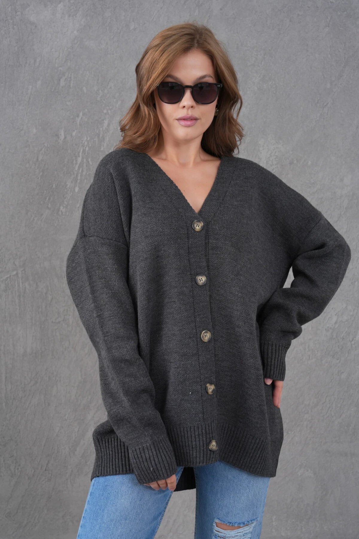 Kadın V Yaka Düğme Kapama Oversize Uzun Triko Hırka