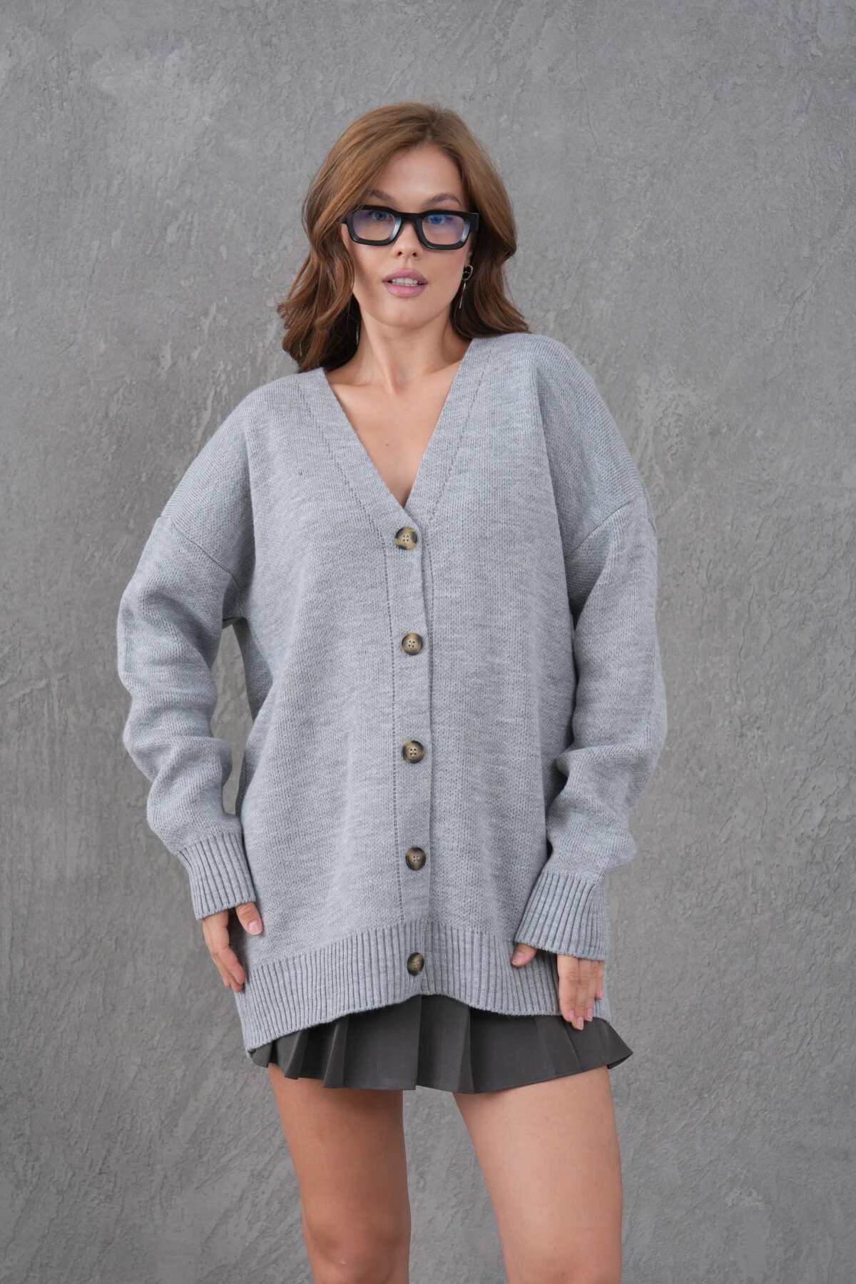 Kadın V Yaka Düğme Kapama Oversize Uzun Triko Hırka