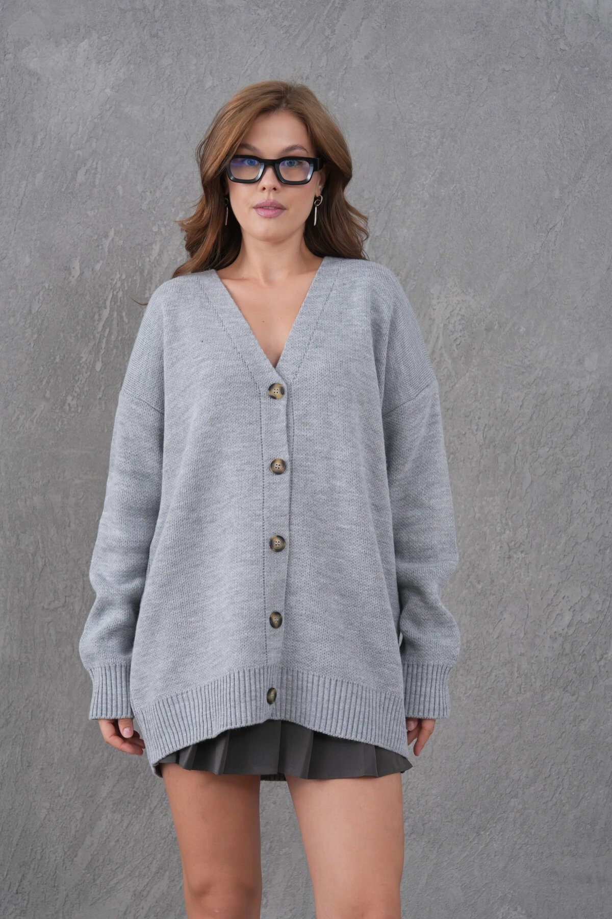 Kadın V Yaka Düğme Kapama Oversize Uzun Triko Hırka