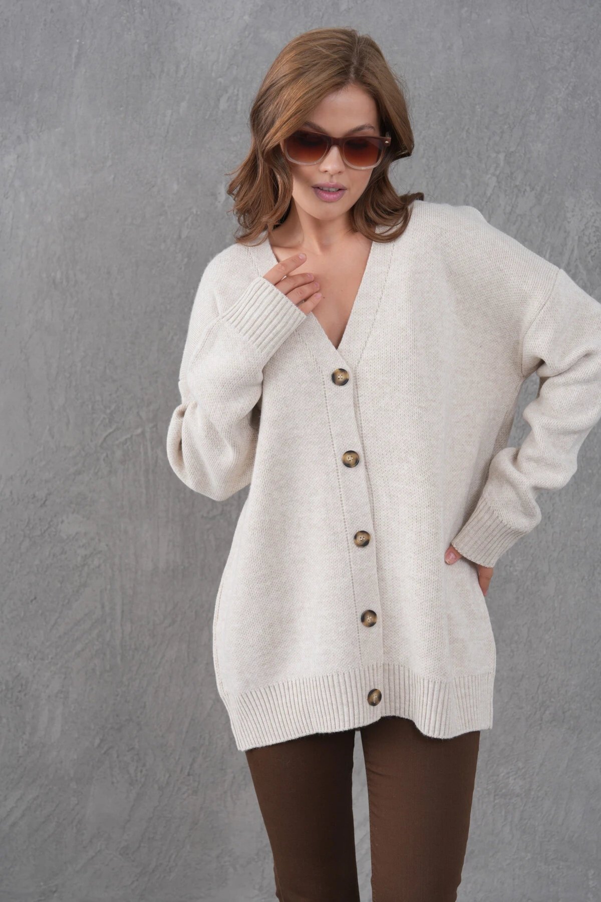 Kadın V Yaka Düğme Kapama Oversize Uzun Triko Hırka