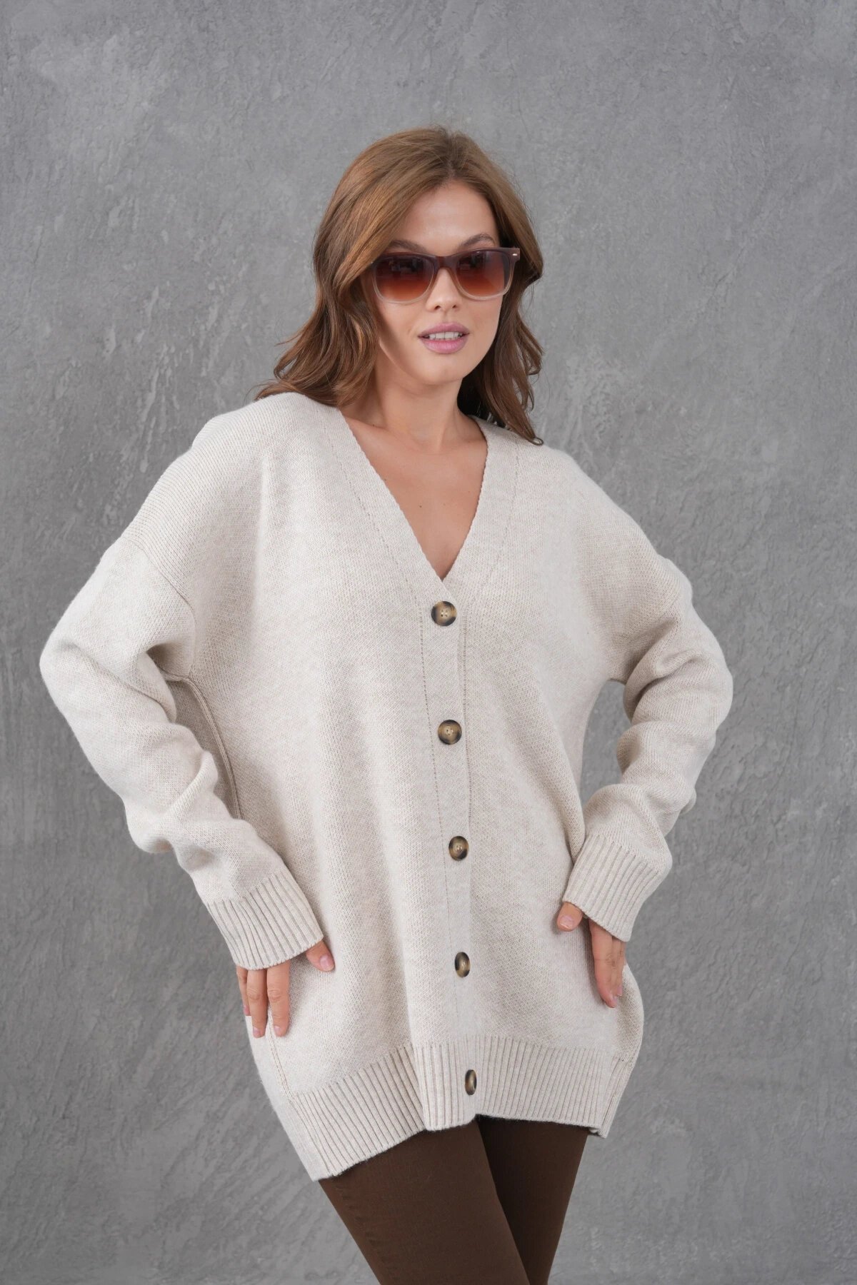 Kadın V Yaka Düğme Kapama Oversize Uzun Triko Hırka