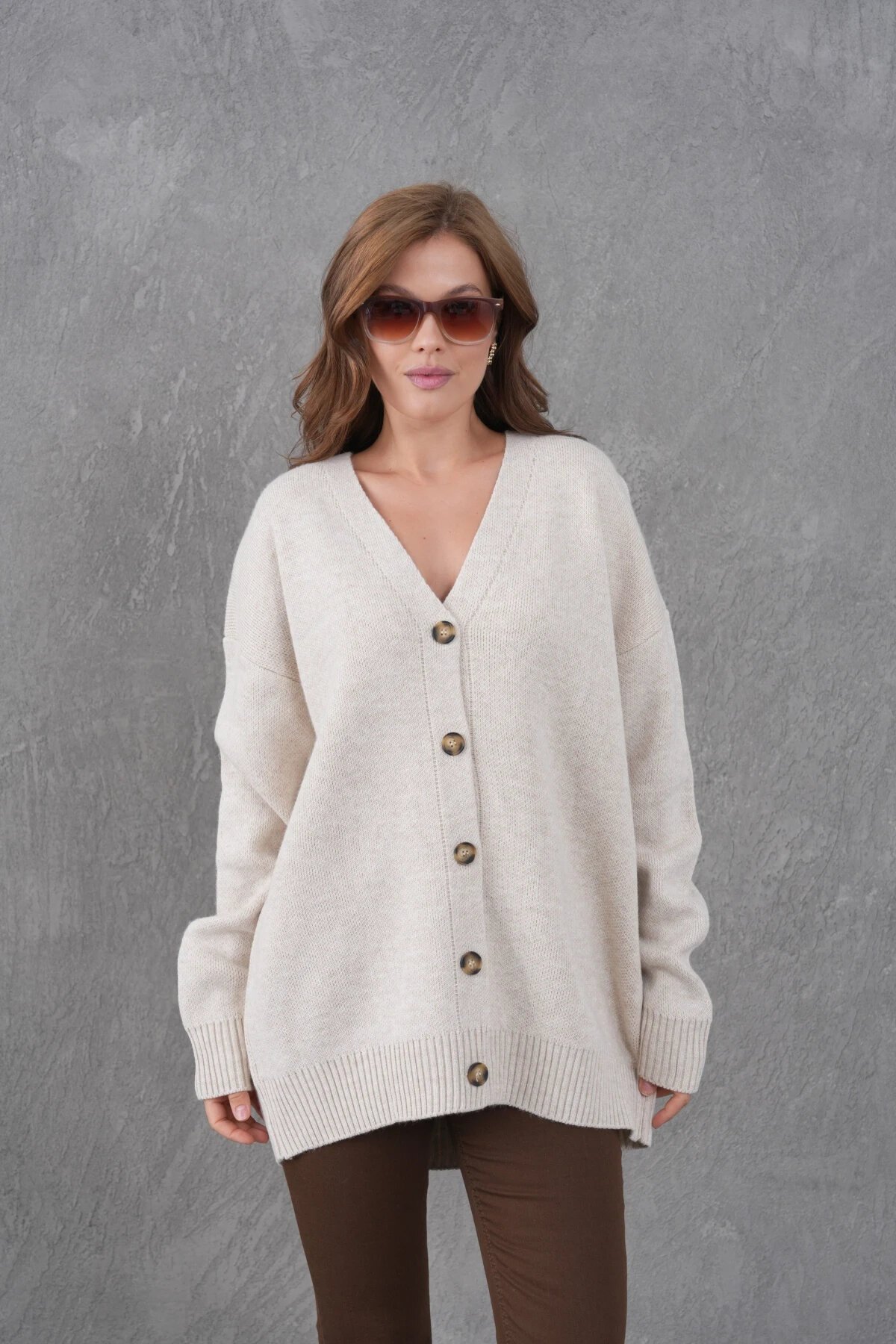 Kadın V Yaka Düğme Kapama Oversize Uzun Triko Hırka