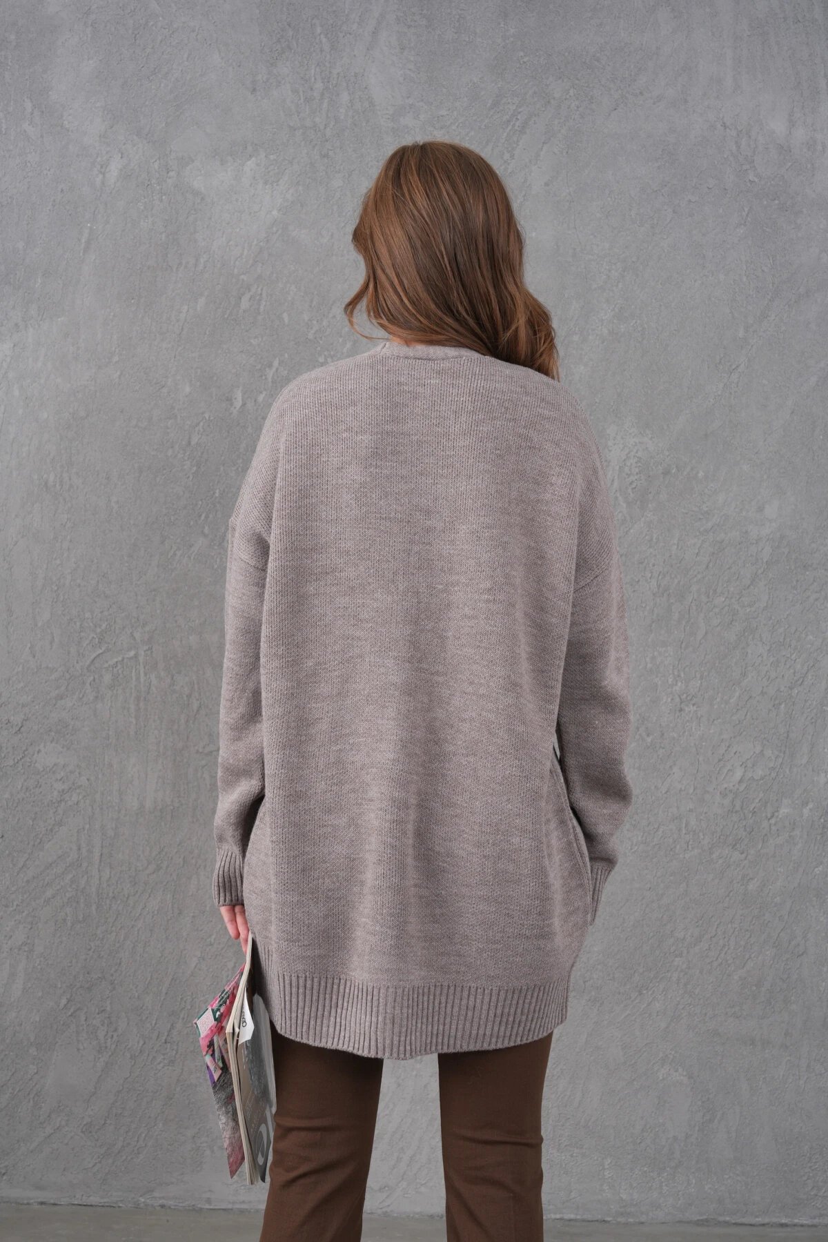 Kadın V Yaka Düğme Kapama Oversize Uzun Triko Hırka