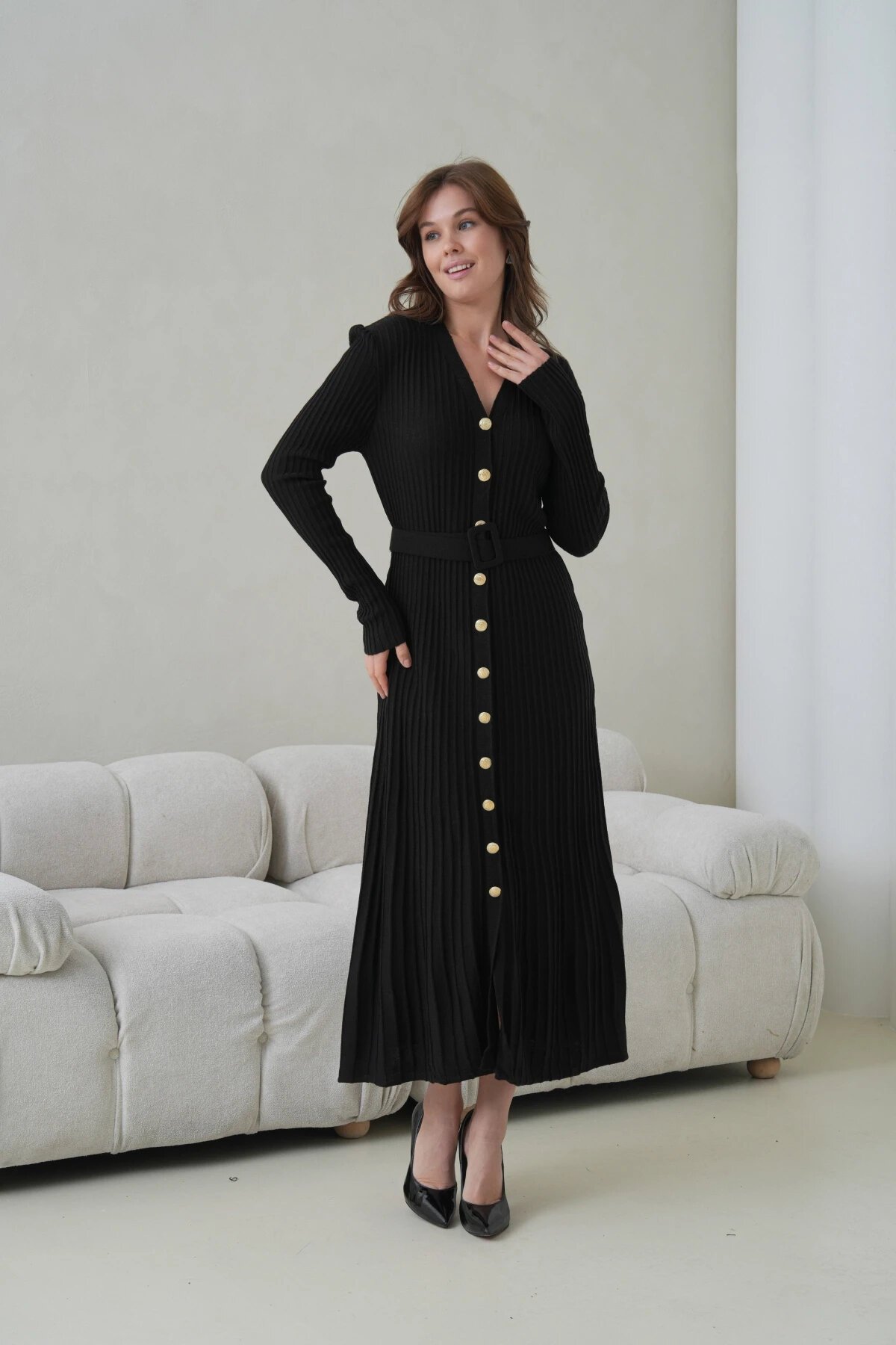 Kadın V Yaka Ful Düğme Kapama Kemer Detay Maksi Boy Fitilli Triko Elbise