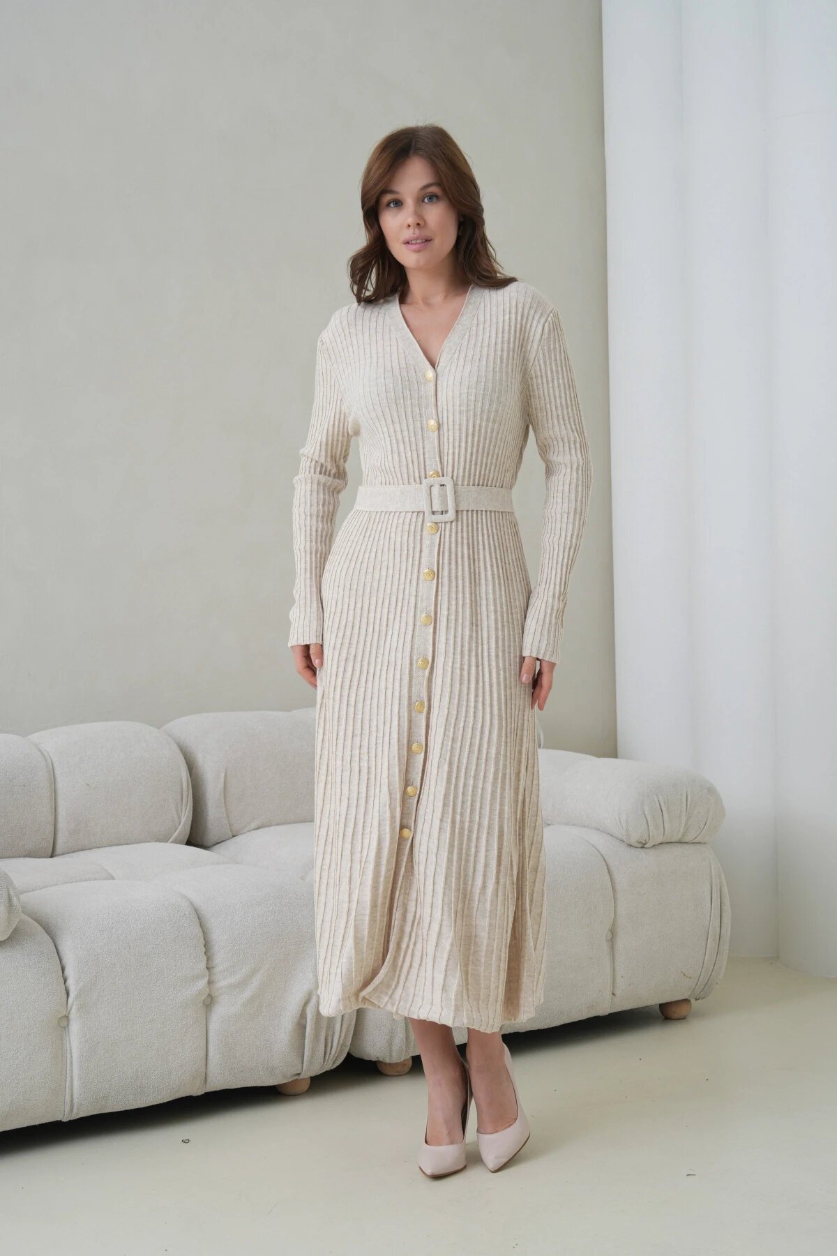 Kadın V Yaka Ful Düğme Kapama Kemer Detay Maksi Boy Fitilli Triko Elbise