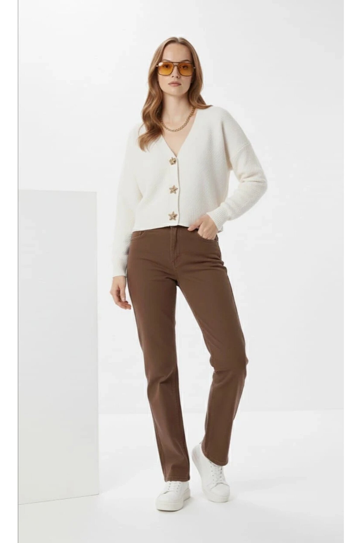 Kadın Yıldız Düğme Detaylı Triko Hırka
