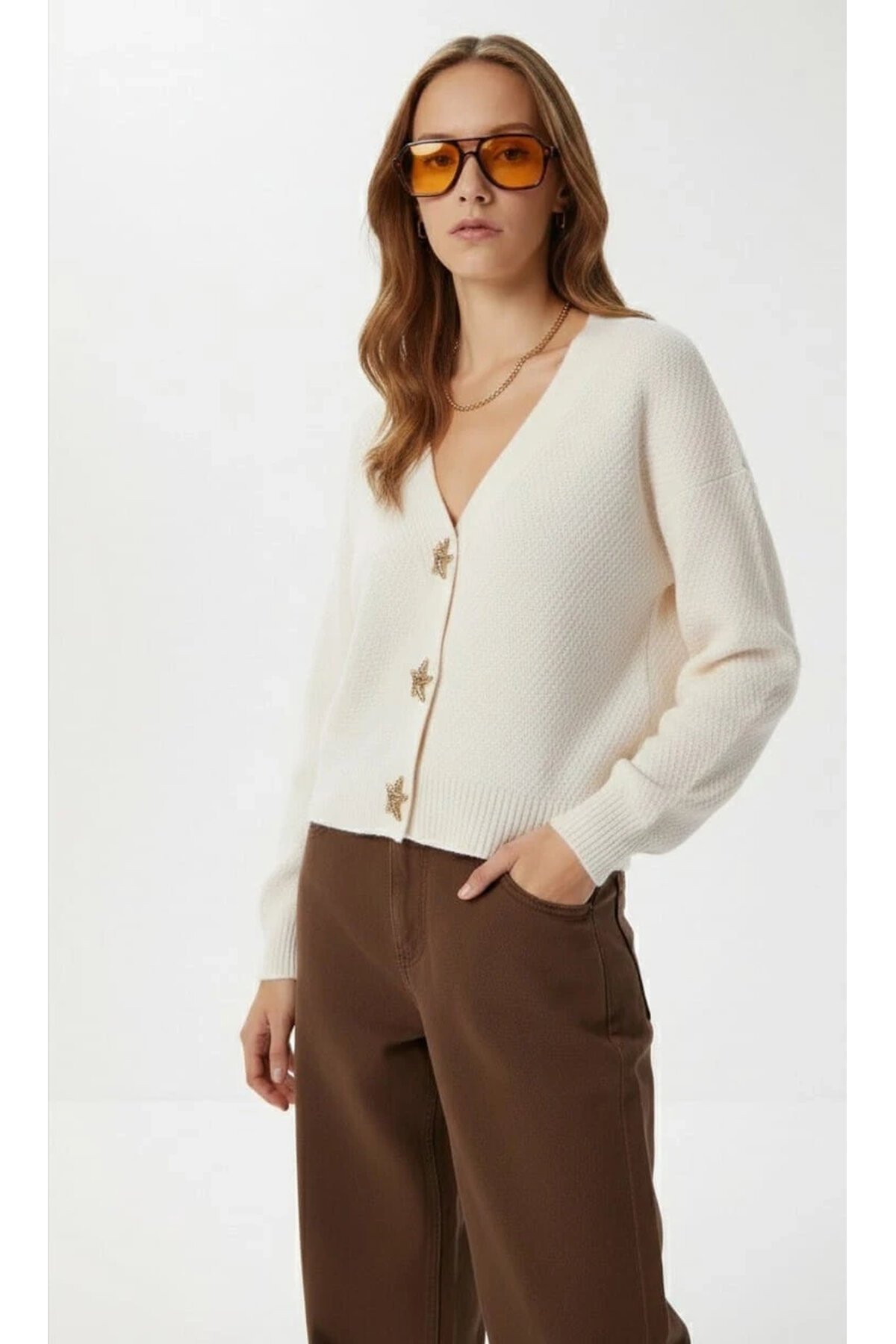 Kadın Yıldız Düğme Detaylı Triko Hırka