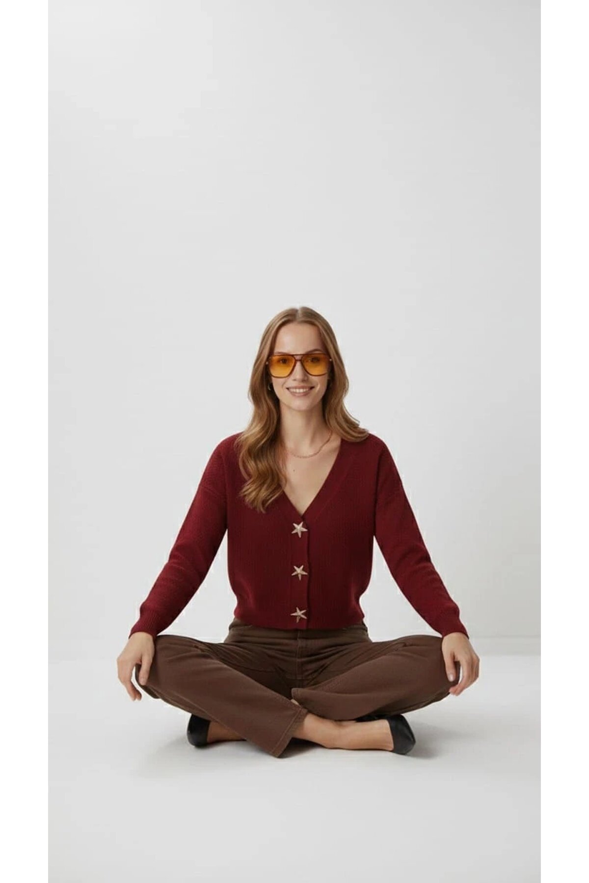 Kadın Yıldız Düğme Detaylı Triko Hırka