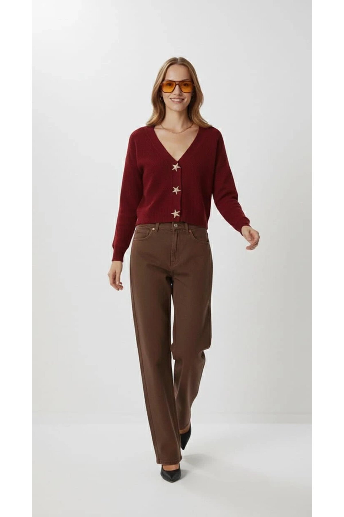 Kadın Yıldız Düğme Detaylı Triko Hırka