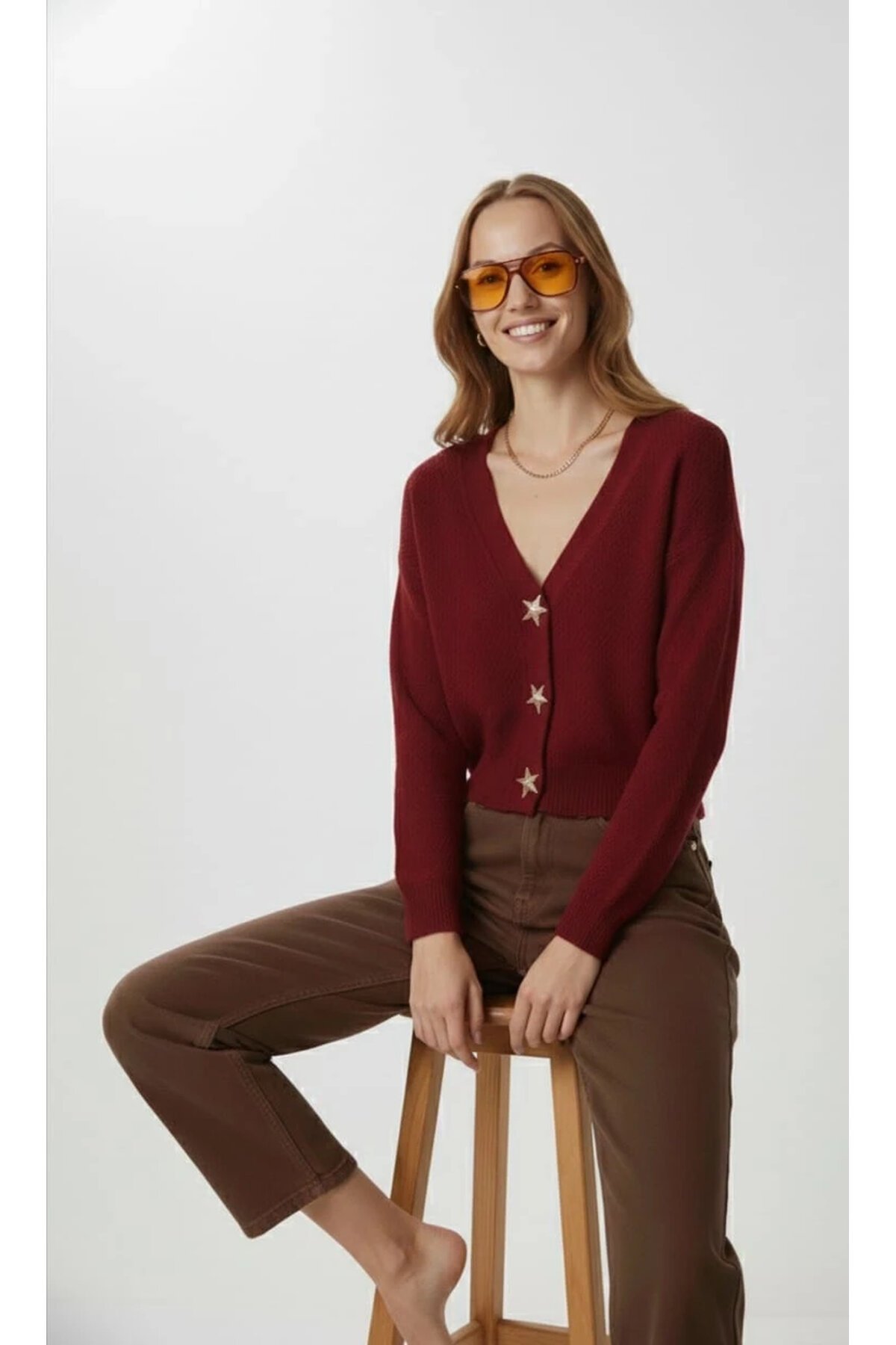 Kadın Yıldız Düğme Detaylı Triko Hırka