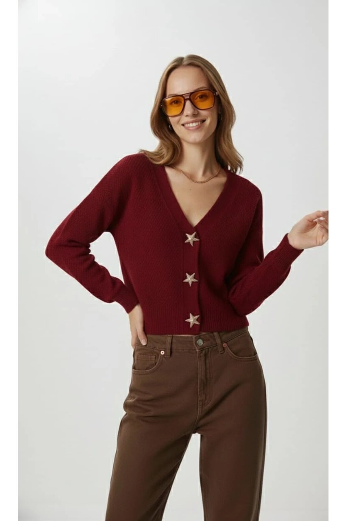 Kadın Yıldız Düğme Detaylı Triko Hırka