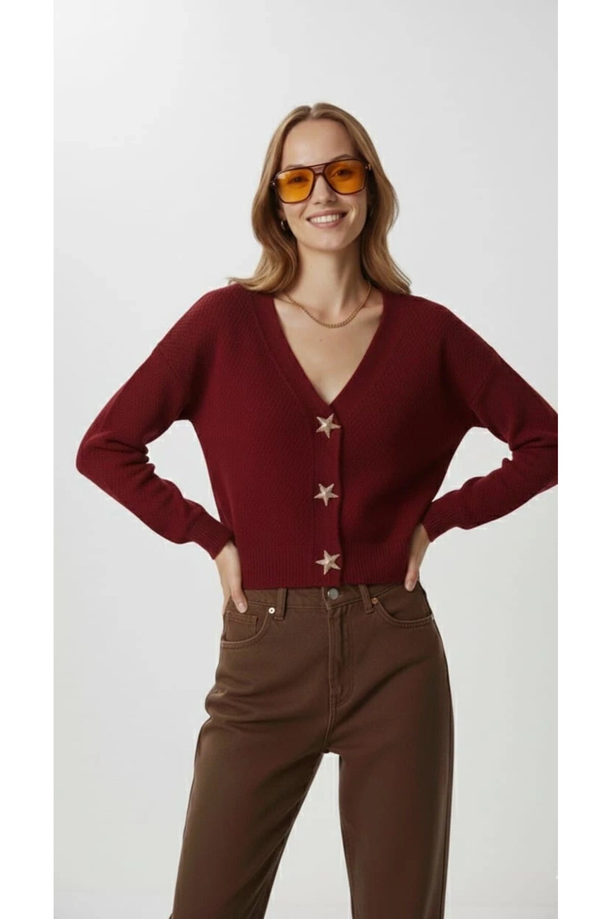 Kadın Yıldız Düğme Detaylı Triko Hırka