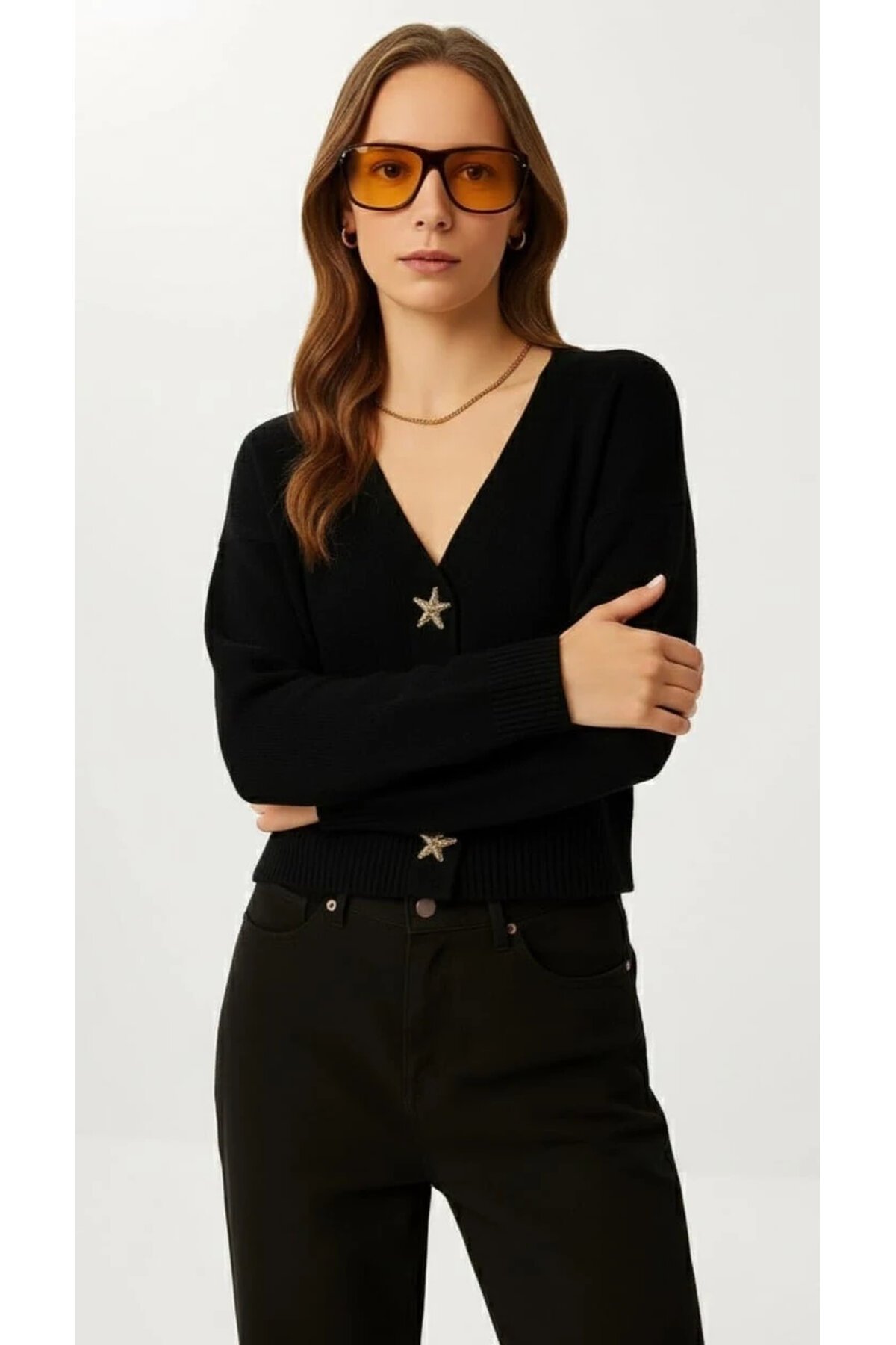 Kadın Yıldız Düğme Detaylı Triko Hırka