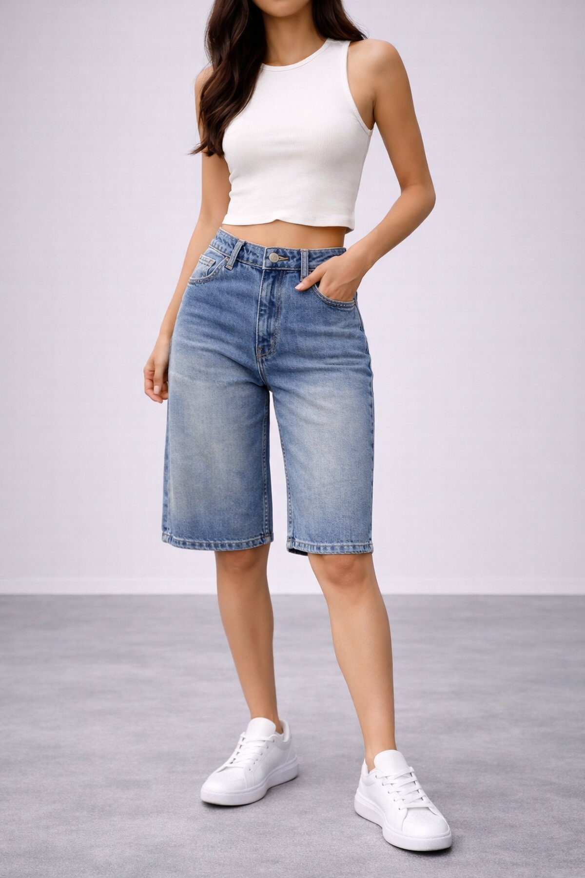 Kadın Yüksek Bel Salaş Jean Bermuda Lacivert