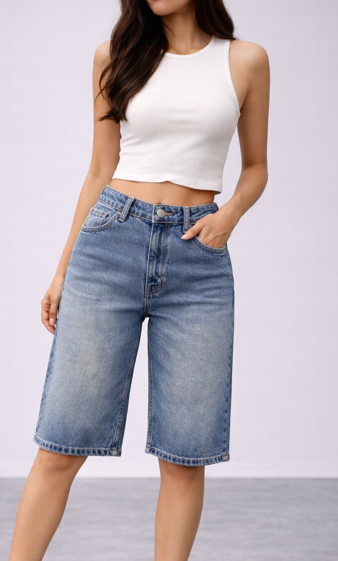 Kadın Yüksek Bel Salaş Jean Bermuda Lacivert