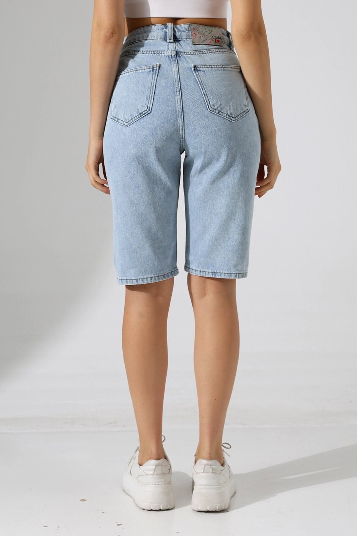 Kadın Yüksek Bel Salaş Jean Bermuda Mavi